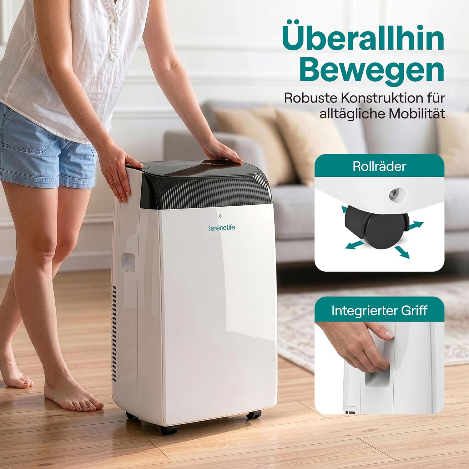 SereneLife Klimaanlage Mobil- mit Abluftschlauch 14000 BTU 2,9kW, 4-in-1 Klimagerät-Kühlen Heizen Ventilieren und Entfeuchten, WLAN- Steuerung, Digitaldisplay, 24h- Timer, bis 45 m²