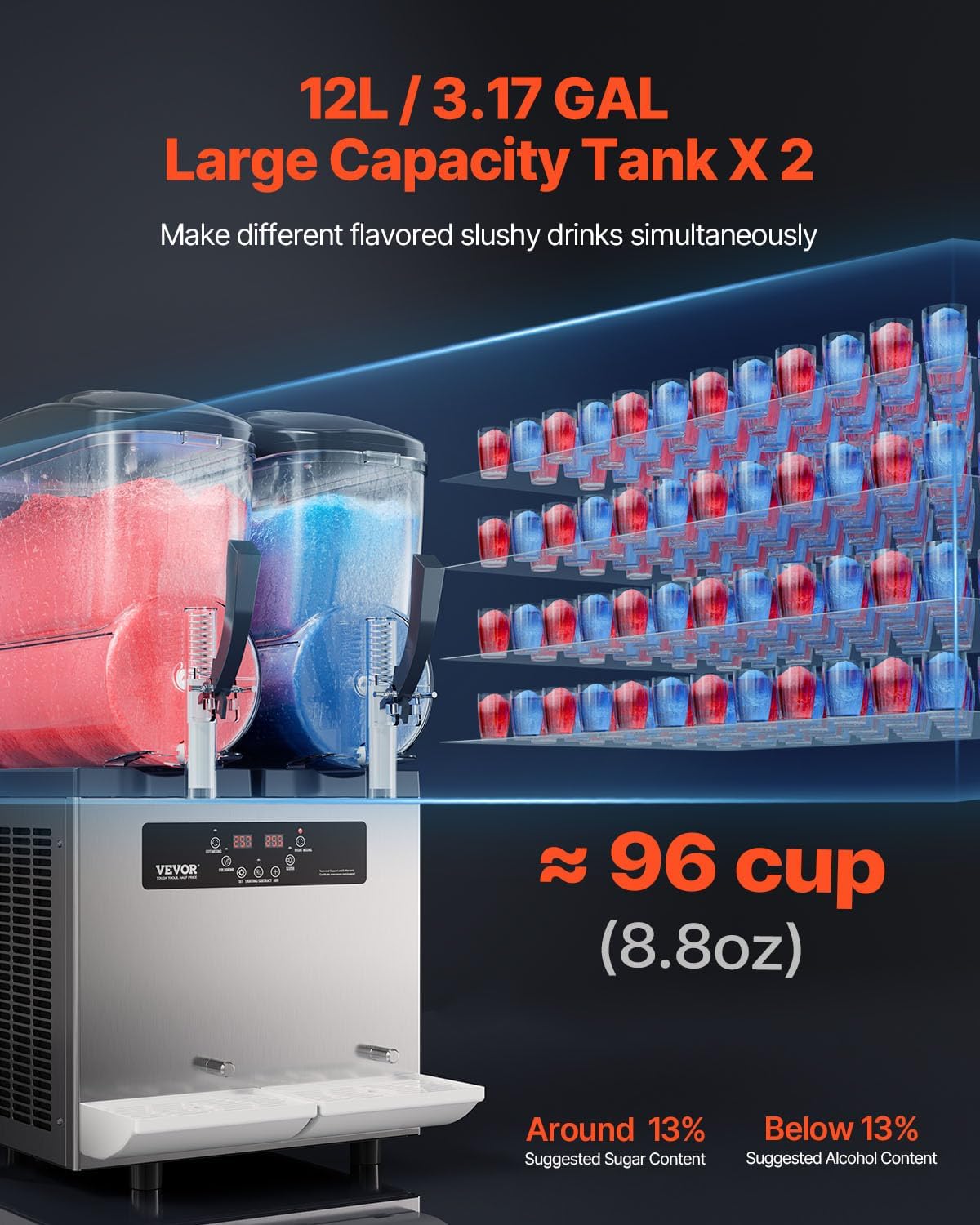 VEVOR kommerzielle Slusheis Maschine 12 L x 2 Doppeltank-Maschine für gefrorene Getränke, 96 Tassen Edelstahl Slush-Eis-Maschine mit Tastenfeld Softeis Maker für Partys Restaurants Cafés Bars