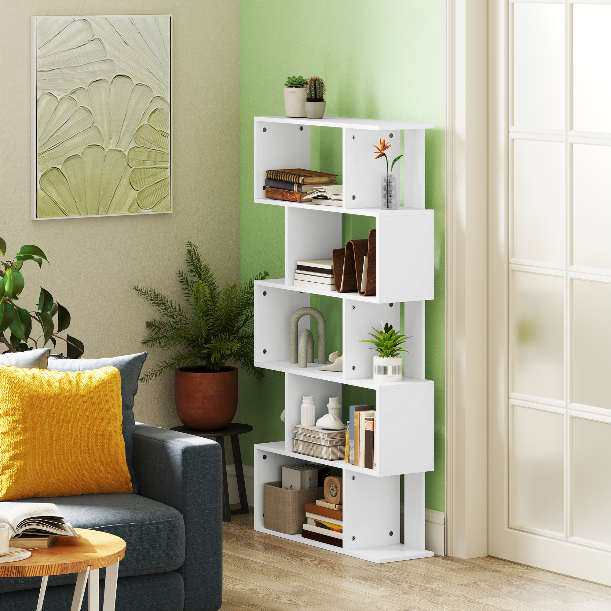 HOMCOM Asymmetrisches Regal in S-Form mit 5 Ebenen und 10 offenen Regalen, aus Holz, 80x24x159 cm, Weiß