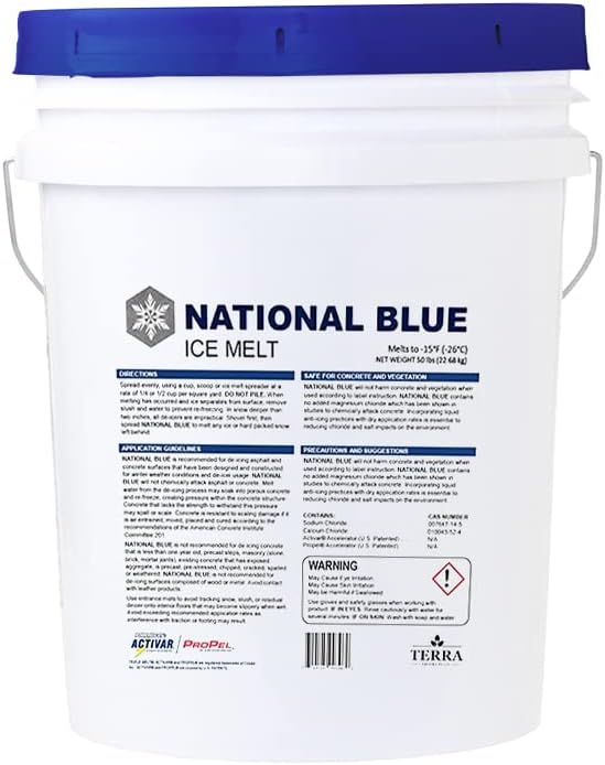National Blue Ice Melt and Snow Salt 50lb Bucket - Fast Acting Ice Melter - Pet  Plant and Concrete Friendly  Environmentally Safe - Free of Magnesium Chloride - Melts to -15°F