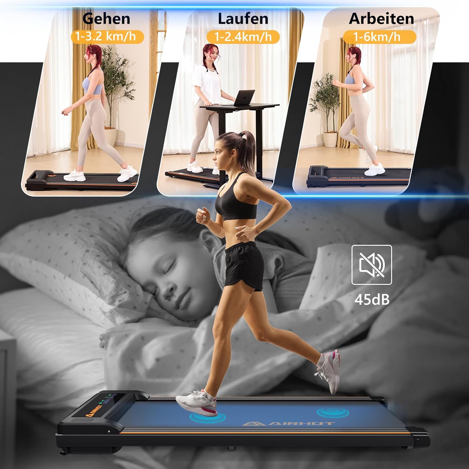 Laufband für Zuhause-AIRHOT, 2,5 PS Walking Pad, Untertisch-Laufband mit Fernbedienung und LED-Anzeige, maximale Geschwindigkeit von 6 km/h BZW. 12 km/h. Kompaktes Laufband für zuhause oder das Büro