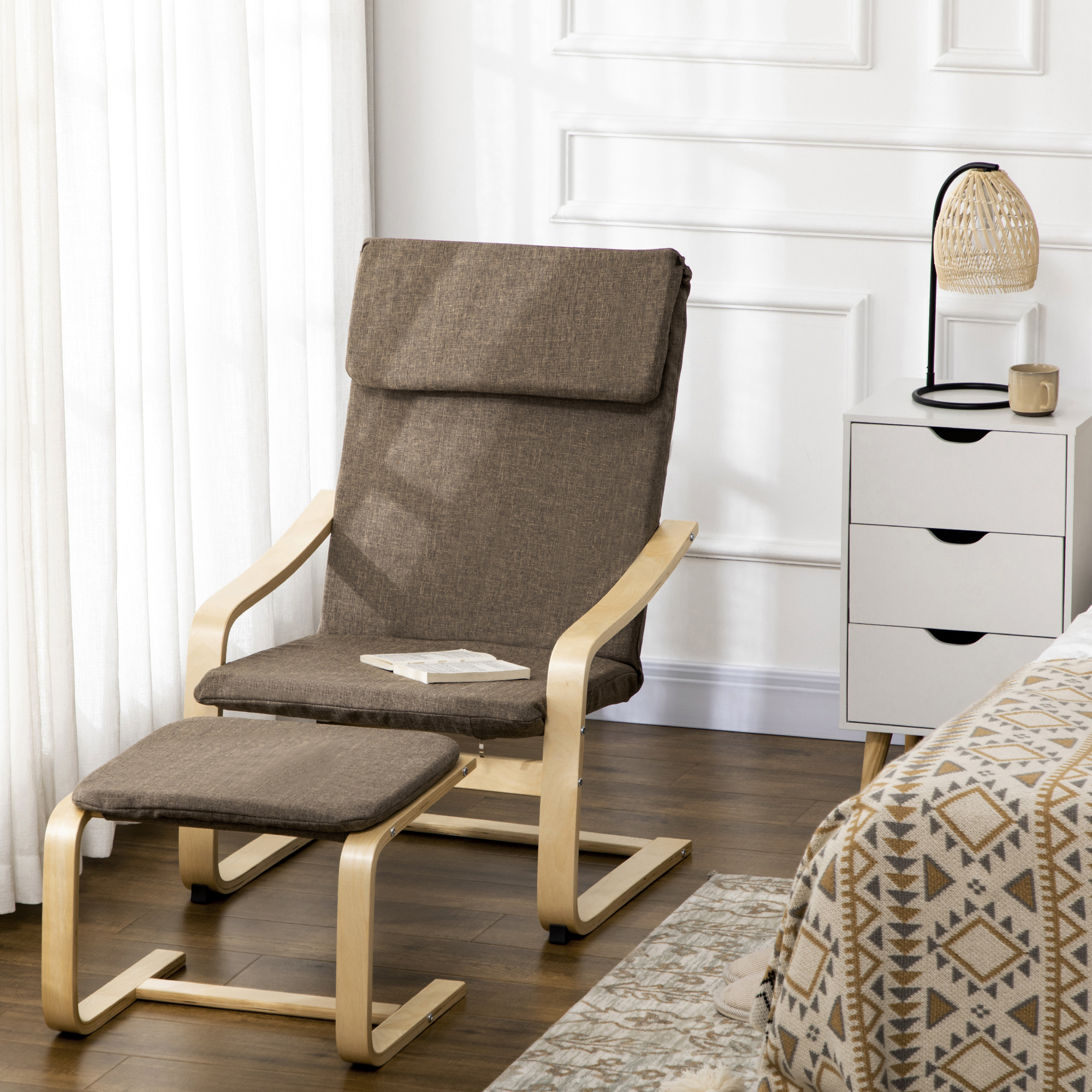 HOMCOM Sessel mit Fußhocker, Sessel-Set, Leinenoptik, Massivholz, Braun + Natur