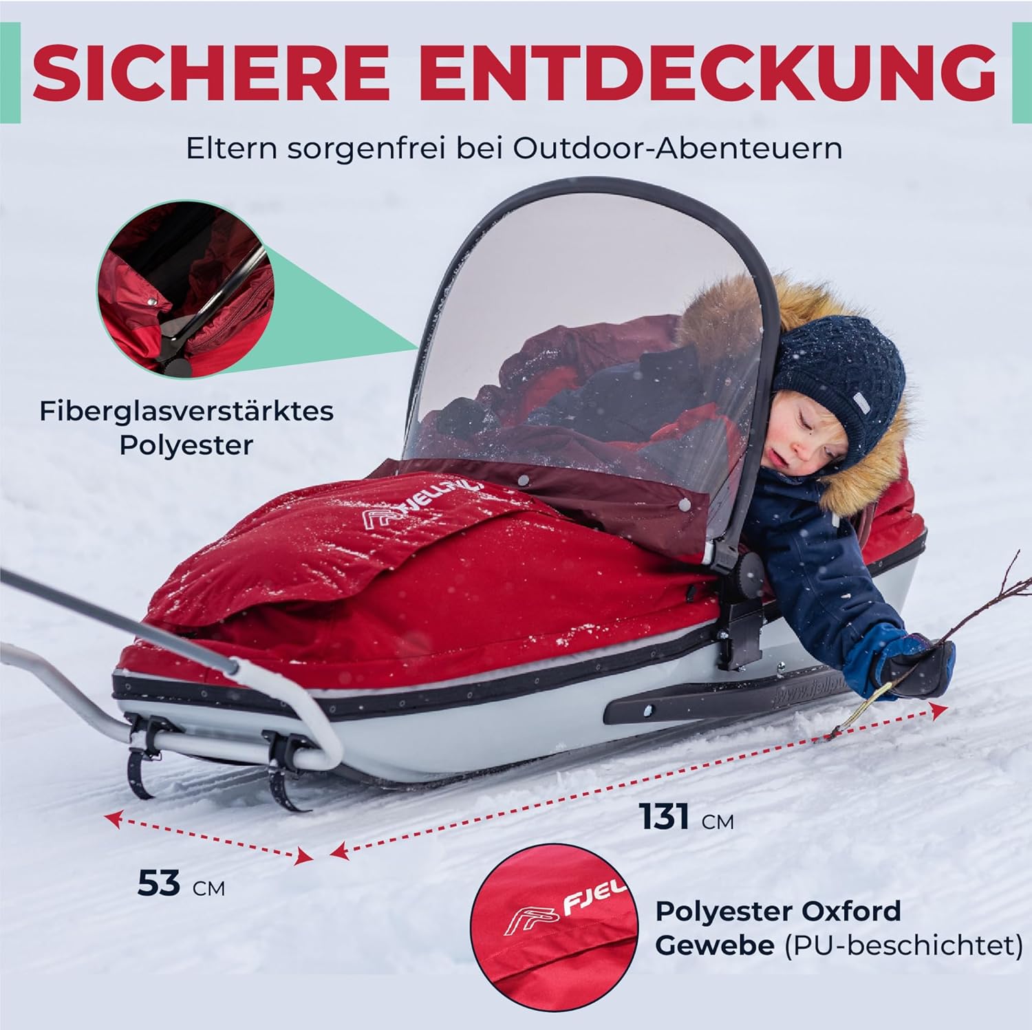 Kinder Pulk Schneeschlitten mit Gurt & Deichsel – Sicherer Premium Winterschlitten für Skifahren, Wandern, Trekking & Freizeit