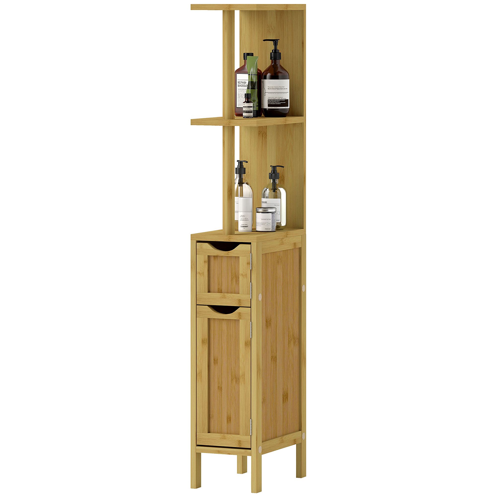 HOMCOM Badezimmerschrank Badezimmerschrank mit 2 offenen Regalen 2 Schränken aus Bambus 18B x 30T x 120H cm Naturholz