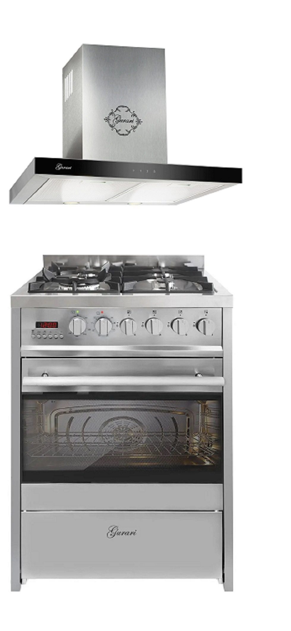 Gas-Standherd 60 cm Edelstahl Gasherd mit Elektrobackofen 60 L Range Coocker mit Dunstabzugshaube mit Fernbedienung, 60 cm, Edelstahl Glas, EEK A, Wandhaube 1000 m³/h Motor GCH E 610 X+GCH 462 IS 6 Prime