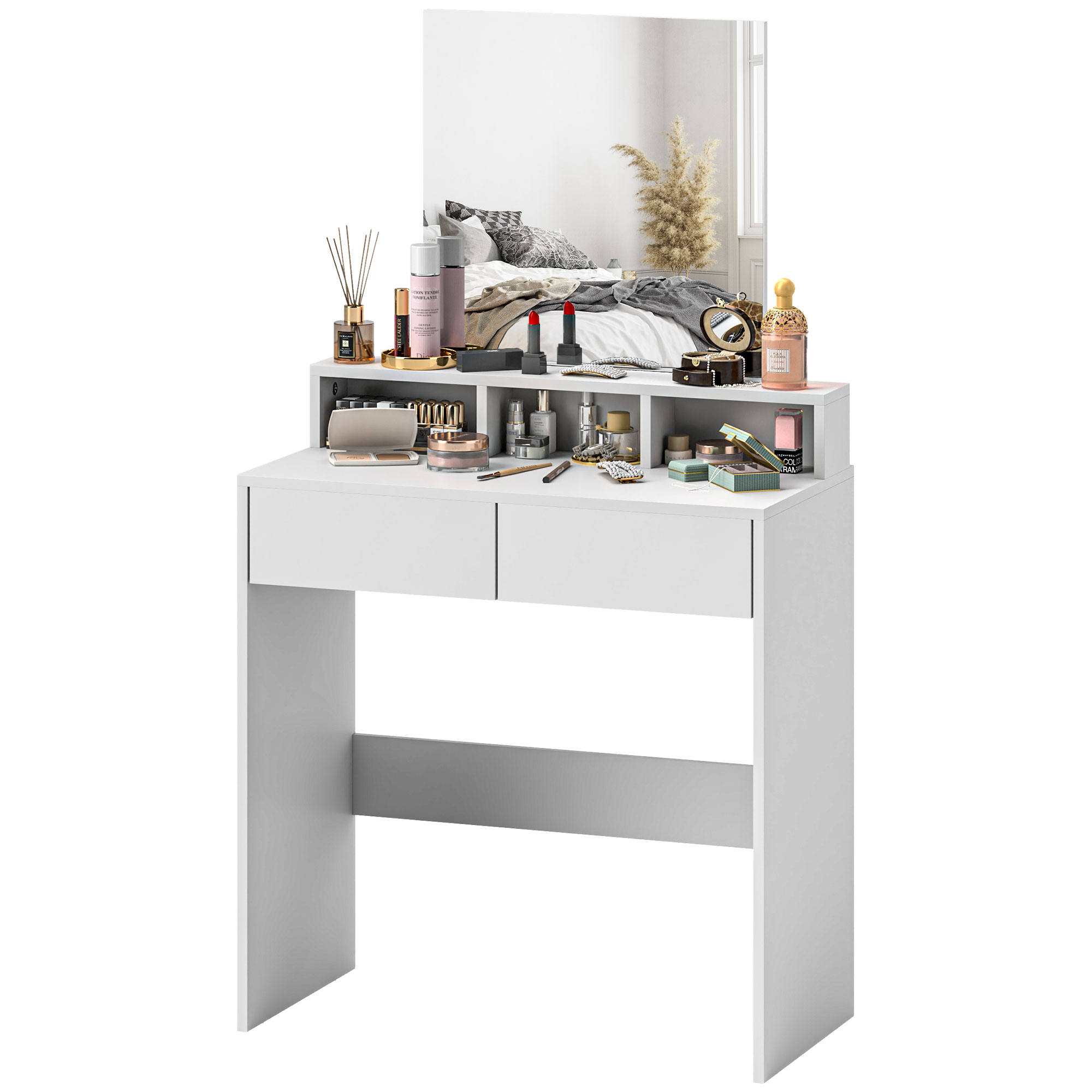 HOMCOM Schminktisch mit Spiegel, Schminktisch mit 2 Schubladen und 3 Fächern, moderner Stil, 75 x 38 x 135 cm, weiß