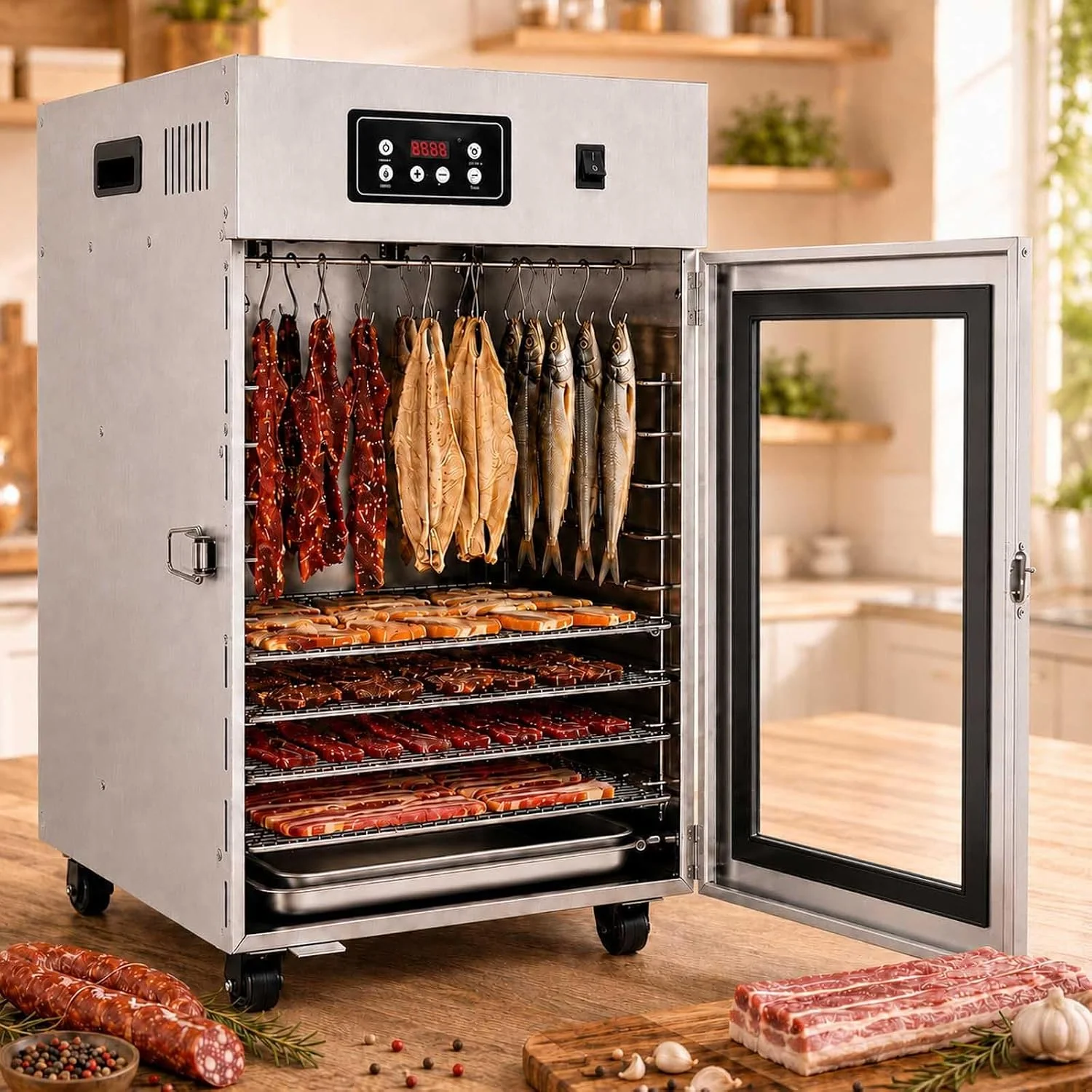 Gewerblicher Fleischdörrer Mit 14 Haken Und Led-Steuerung Withgrid, 24-H-Timer, 800 W Edelstahl-Reifeschrank Mit 30–90 °C, 360°-Heissluft