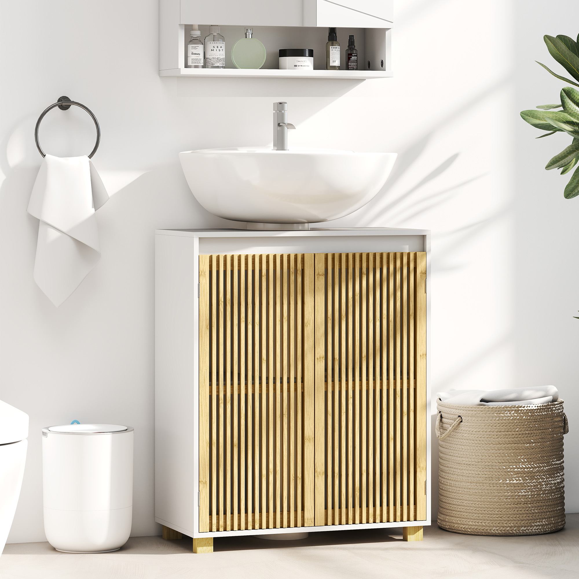 HOMCOM Unterwaschbeckenmöbel Badezimmer - Schrank mit Lamellentüren aus Bambus, 60 x 30 x 75 cm, Effekt Holz Natur
