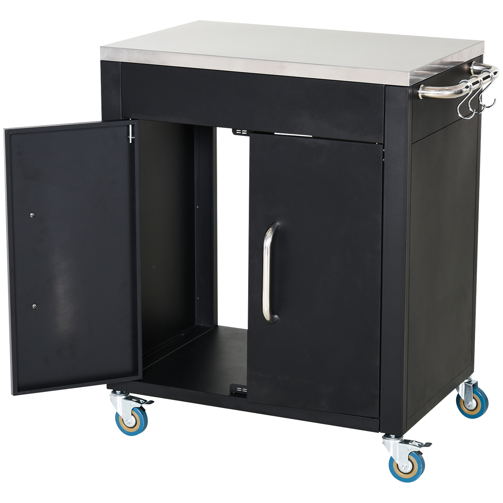 HOMCOM Küchenwagen mit Rollen, Servierwagen, Rollwagen mit Schrank, Haken und Edelstahlgriffe, Küchenhilfe, BBQ Grilltisch aus Edelstahl Küchentrolley, 86 x 50 x 86,5 cm Schwarz