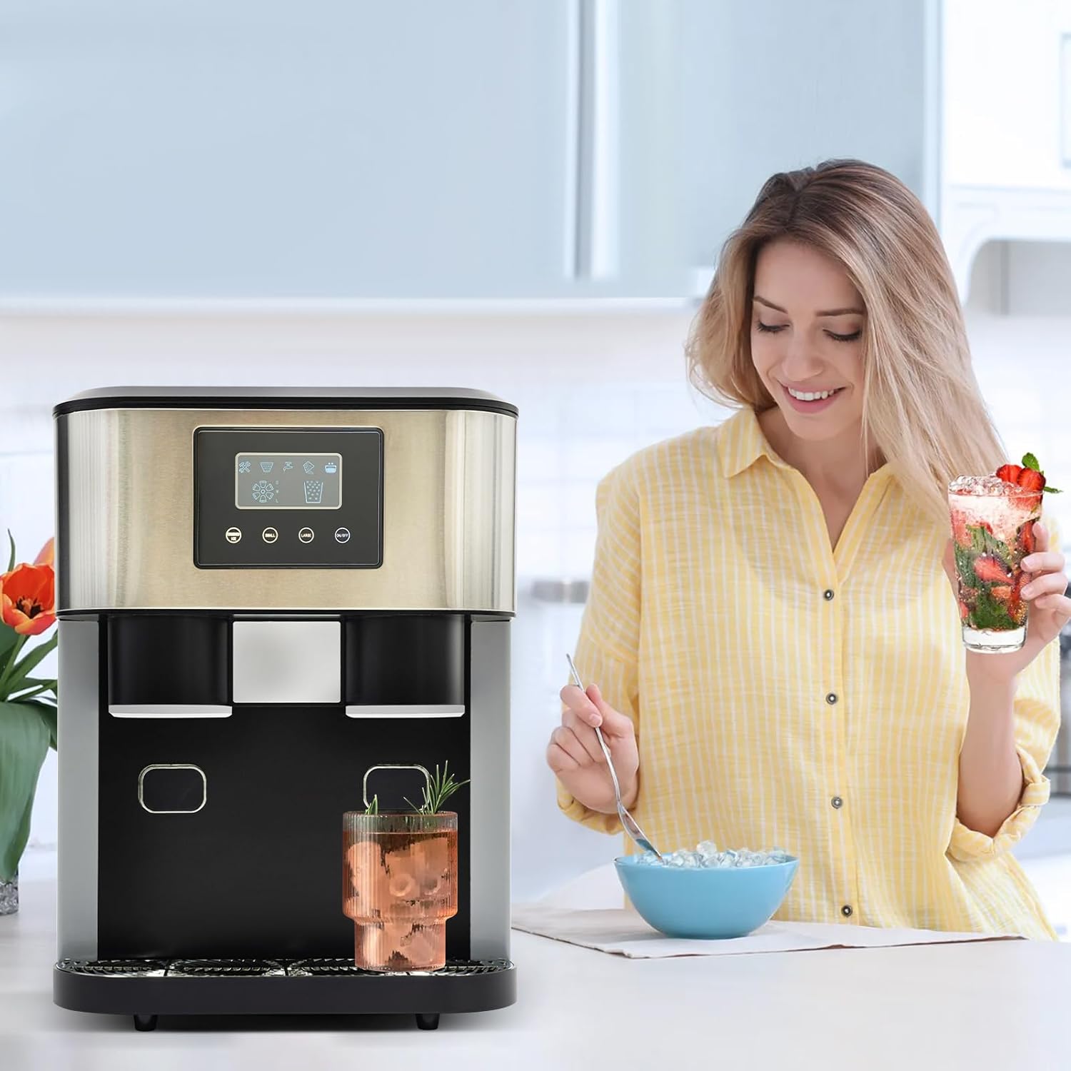 Gelatiera 3 in 1: macchina per ghiaccio tritato e cubetti di ghiaccio, 10-15 kg di ghiaccio al giorno in 8-12 minuti, 16 cubetti di ghiaccio con intuitivo controllo LCD touch, portatile e compatta