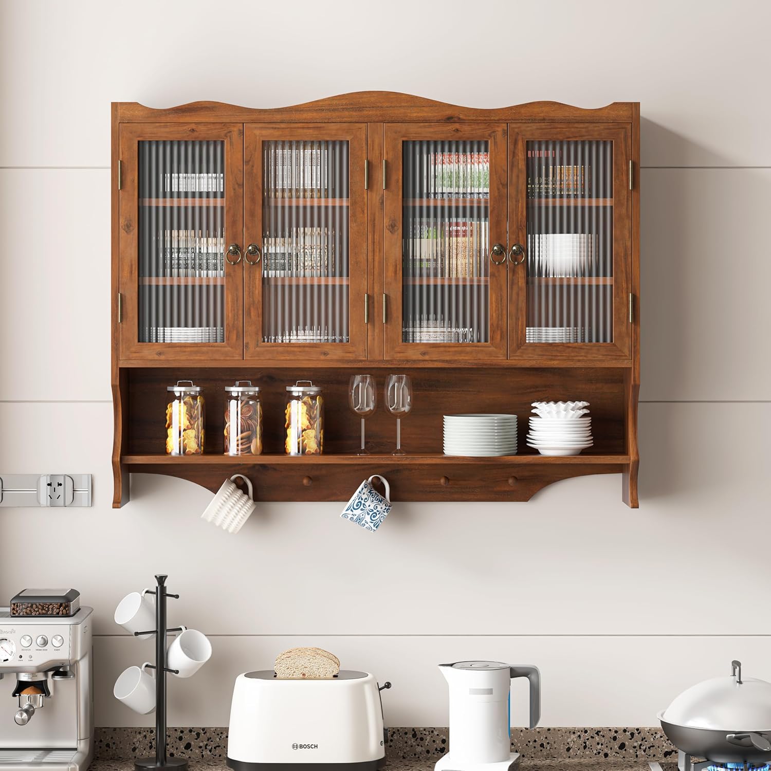 Vetrina sospesa da 100 cm, pensile da cucina, shabby chic, con 4 ante, due ripiani e listello aperto, adatto per bagni, cucine e sala da pranzo (marrone)