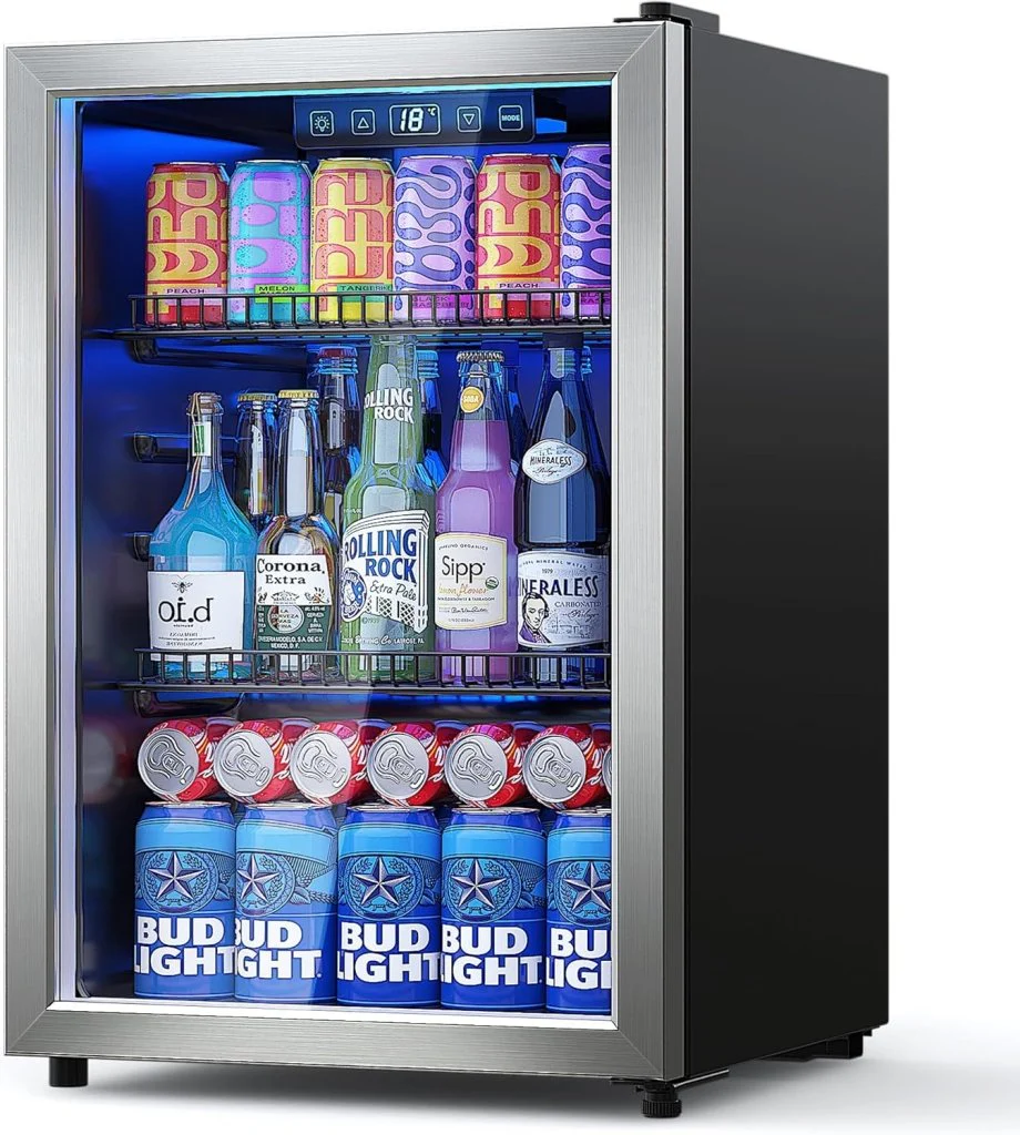 Beverage Refrigerator Cooler-120 Cans Freestanding Mini Fridge Cooler with Glass Door, Adjustable Shelves & Digital Temperature Display for Soda, Wine or Beer (Black, 3.2 Cu.Ft)