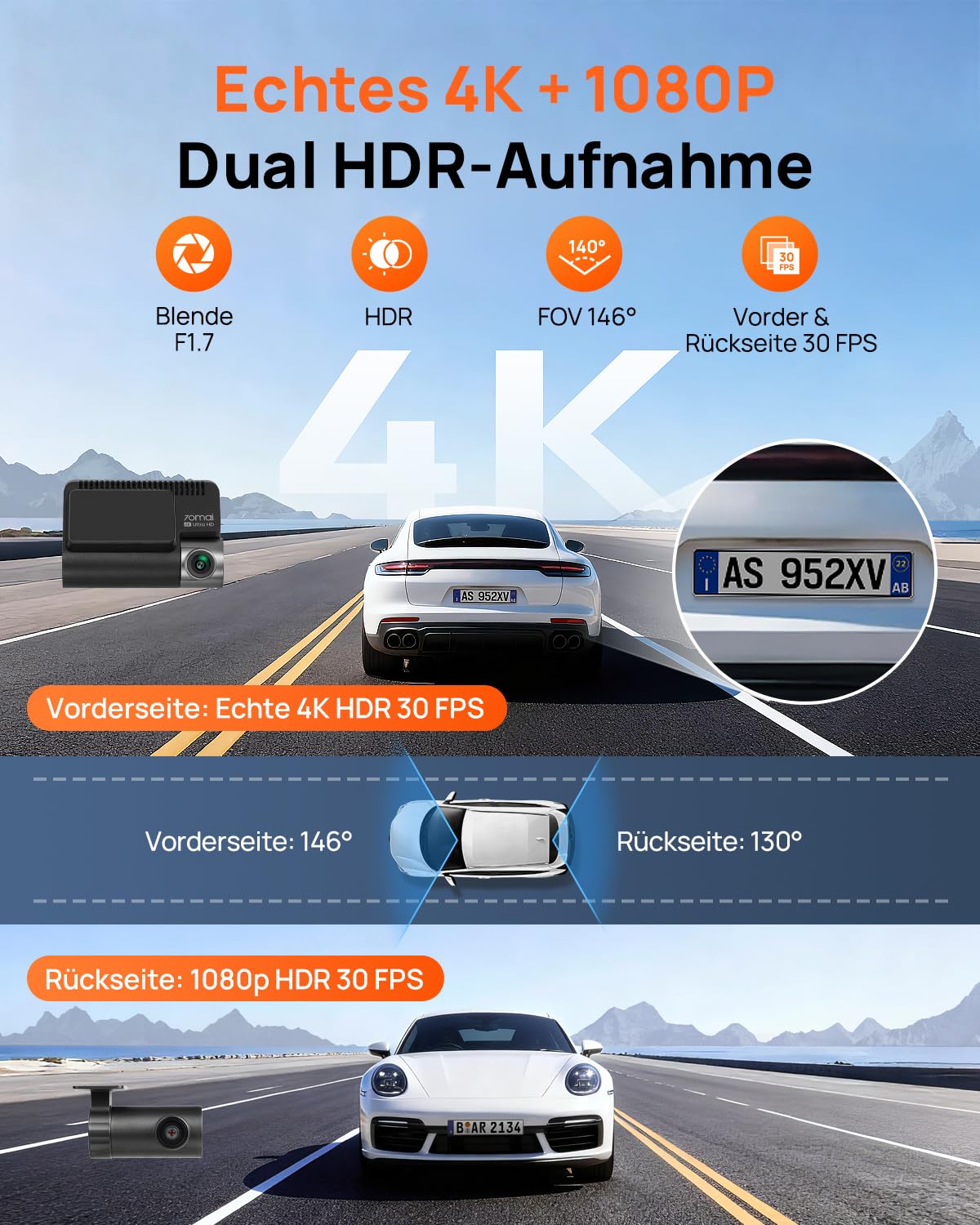 4K Dashcam Auto Vorne und Hinten A810S mit 4K+1080P Dual STARVIS 2, HDR Nachtsicht, WiFi App-Steuerung, 4G LTE, ADAS und 128GB Micro SD-Karte
