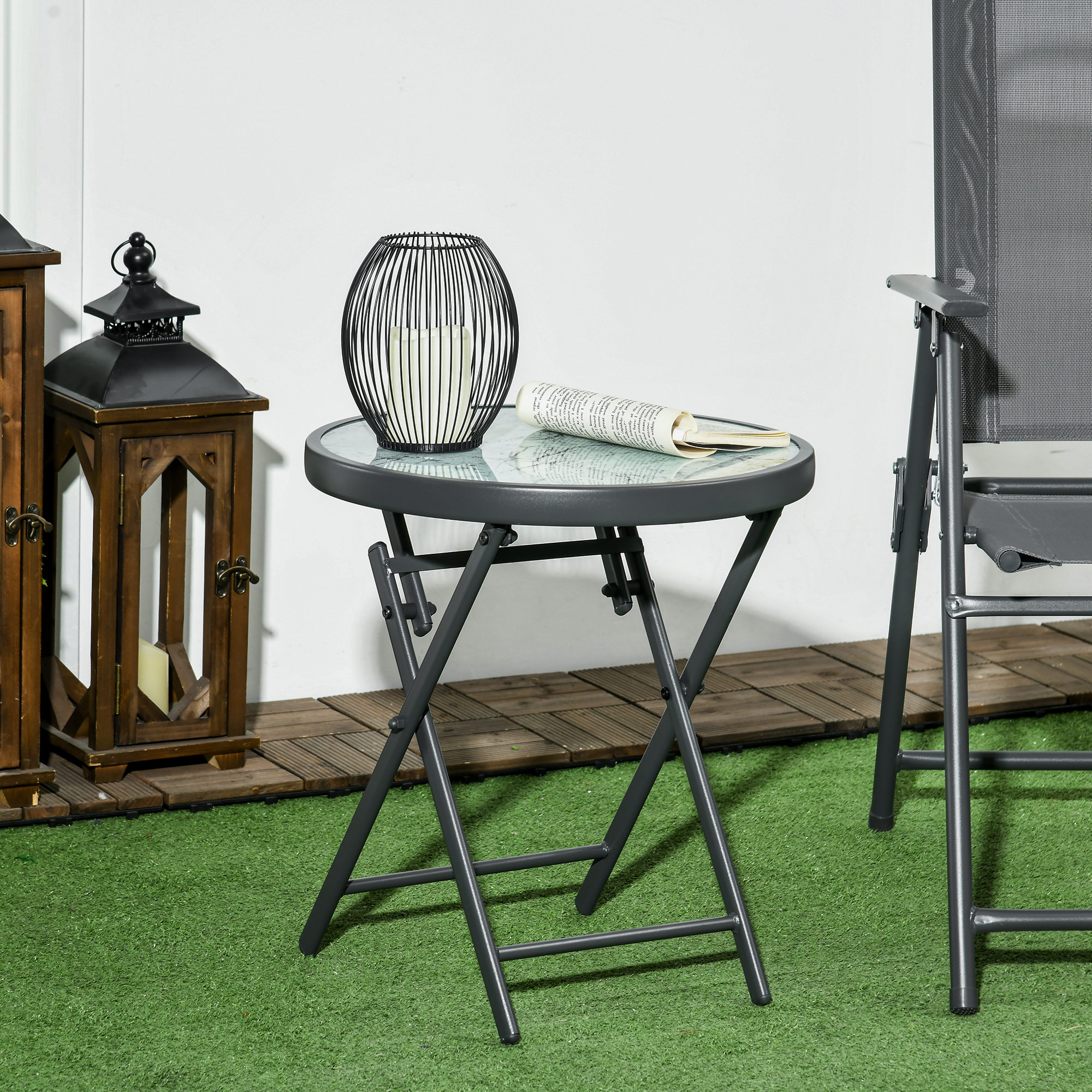 Outsunny Klappbarer Beistelltisch, Outdoor-Klapptisch, mit Tischplatte aus gehärtetem Glas, für Terrasse, 45 x 45 x 50 cm, Weiß