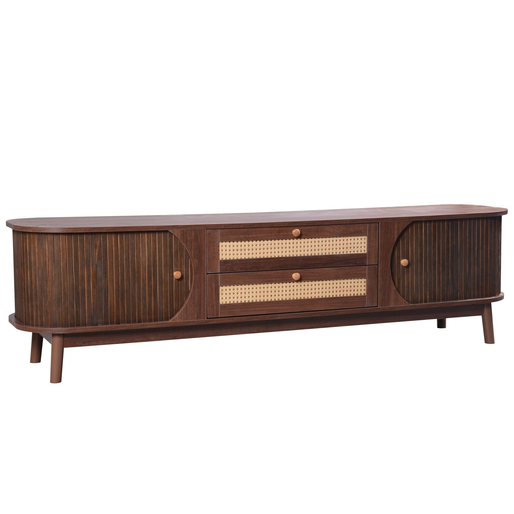 TV-Schrank aus Massivholz mit Rattanseiten, Türen und Schubladen im Landhausstil, Holzfarbe