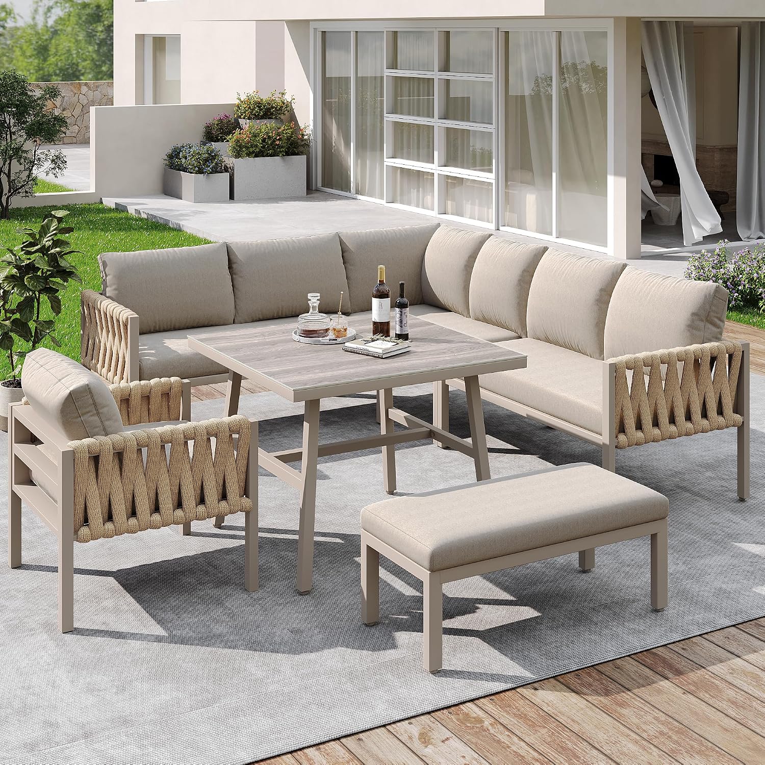 Idemon Set di mobili da giardino con struttura in ferro zincato, gambe regolabili, divano ad angolo, piano in vetro temperato, inclusi tutti i cuscini per seduta e schienale, beige