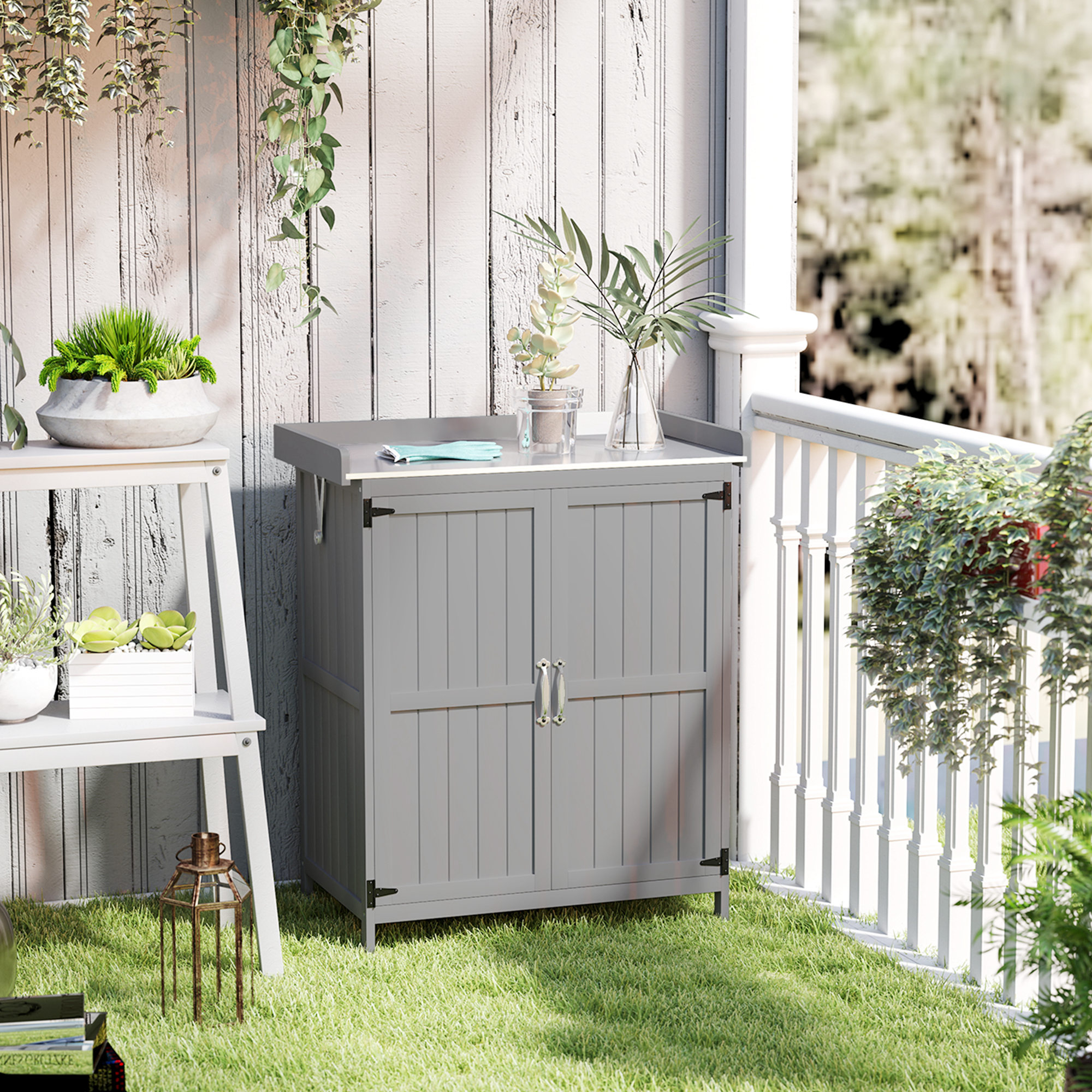 Outsunny Gartenschrank, Werkzeugschrank für den Außenbereich, mit Arbeitsfläche, Holz und Edelstahl, Doppeltüren, Grau