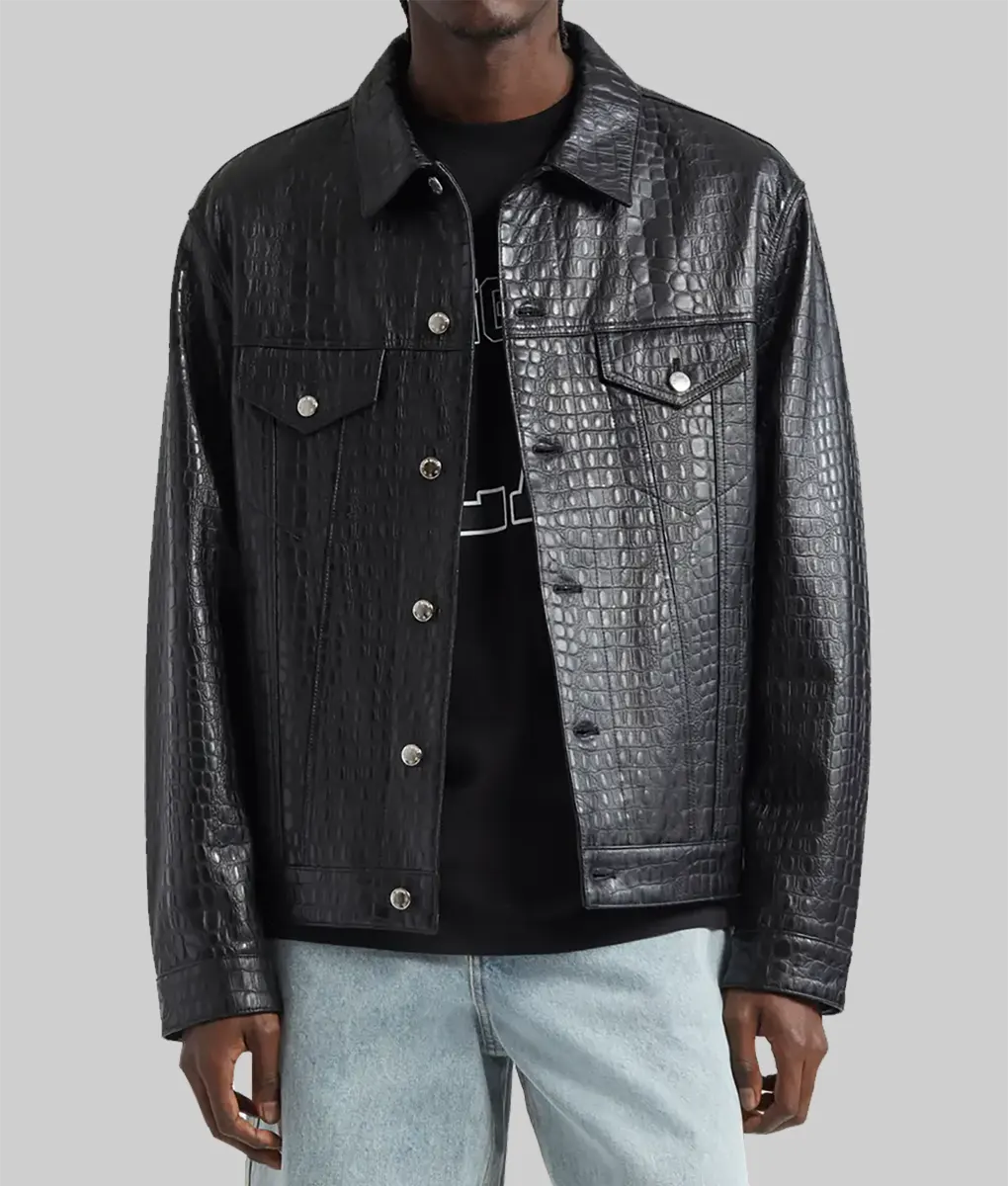 Archer Black Crocodile Pattern Leather Trucker Jacket