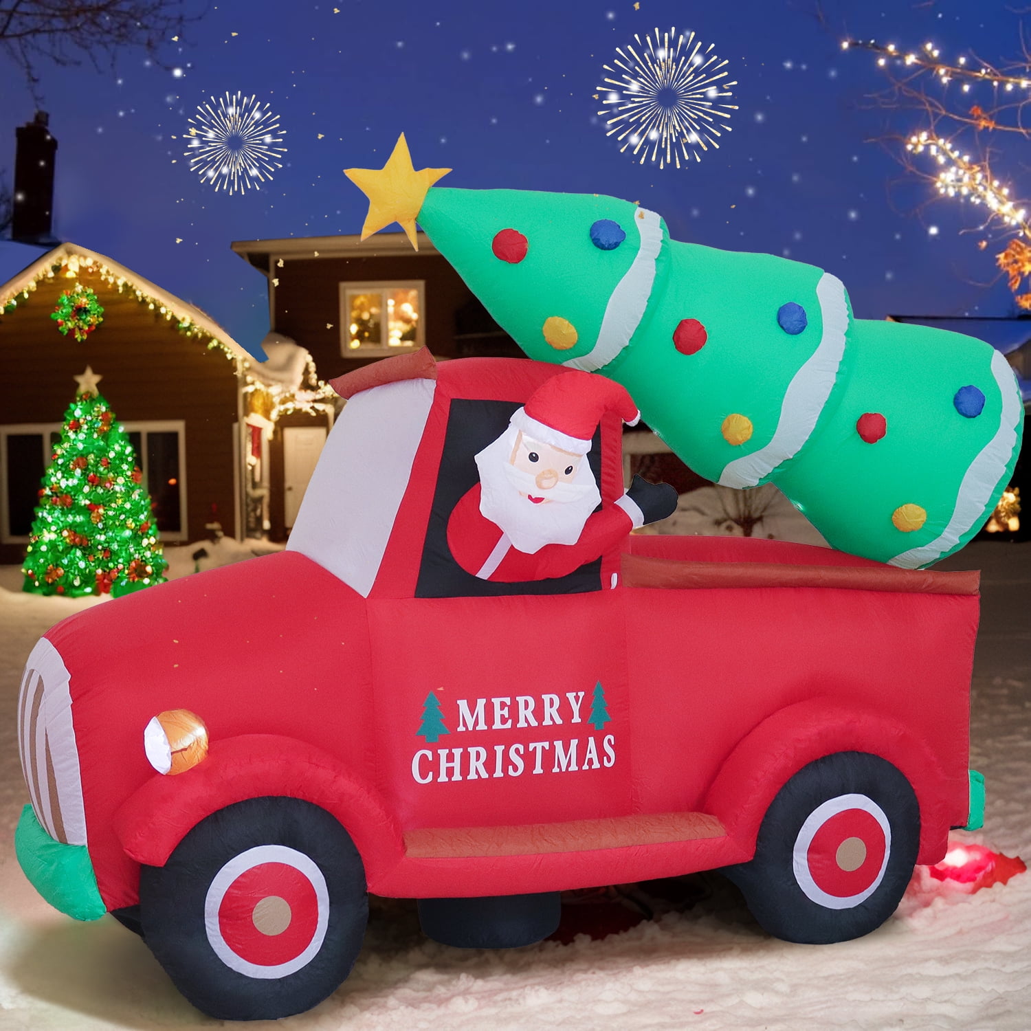 Inadays Christmas Inflatable Santa Red Truck Outdoor Decor, 7.2 x 6 x 3 ft, Weather Resistant Fabric