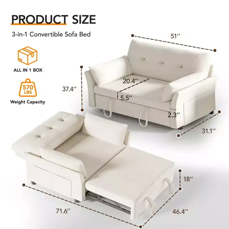Chenille Sleeper Sofa Bed, Convertible Couch with Pull-Out Bed for Living Room