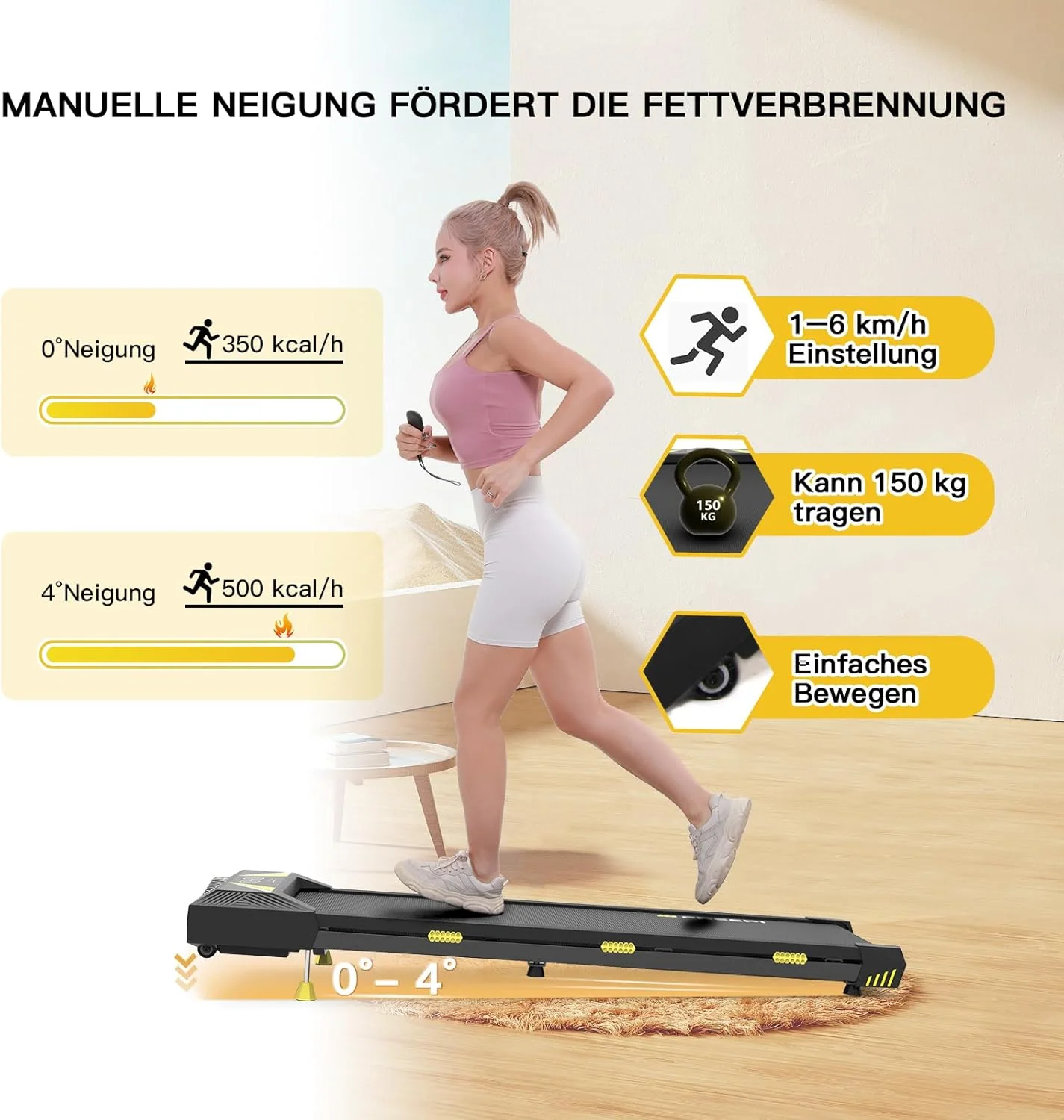 Freepi 4-in-1 Loopband voor Thuis met Helling 1-6 km/u 2.5 pk Motor met Afstandsbediening, Loopband Pad Bureaufiets Draagbaar Thuisfitnessapparaat