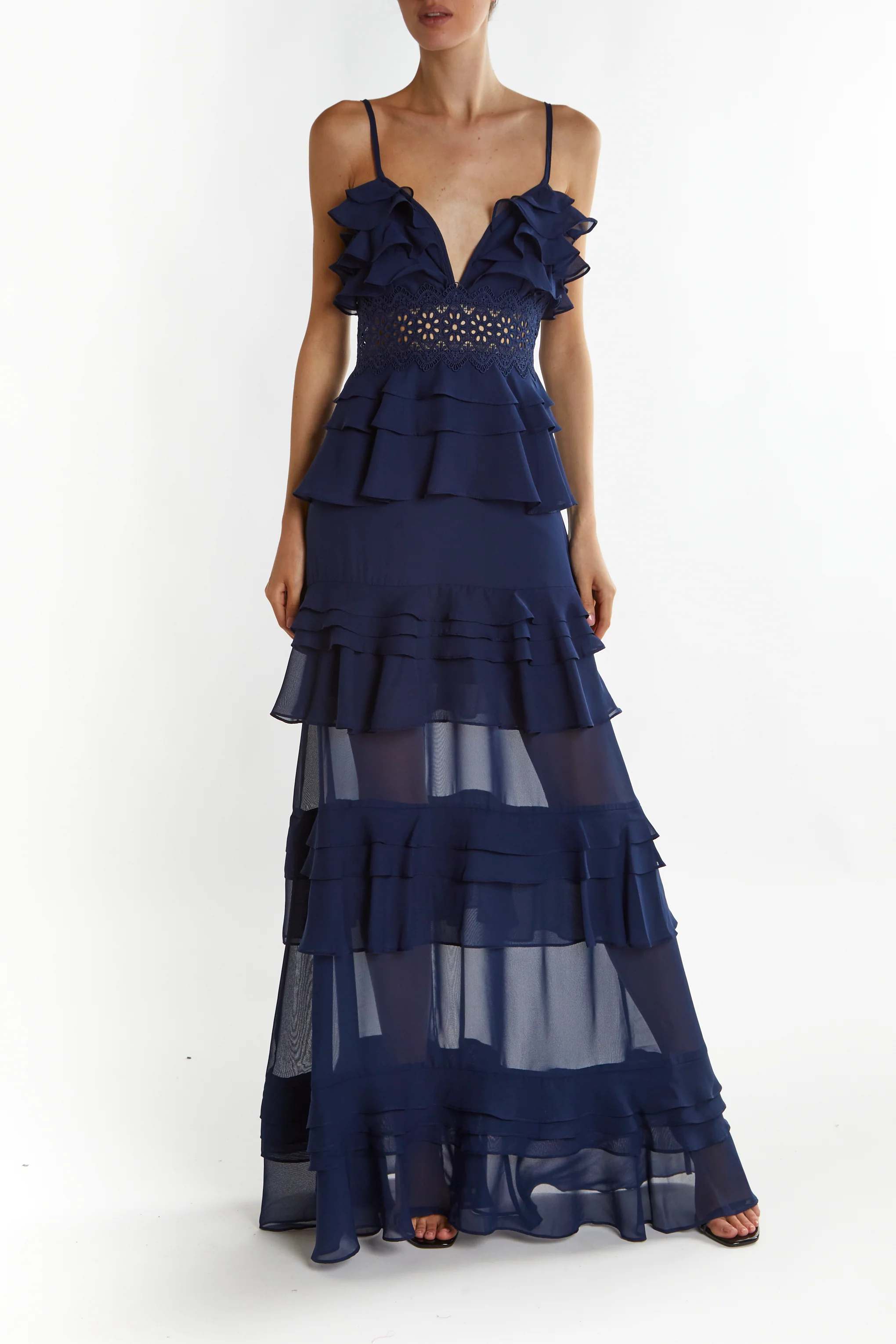 Sophia Navy Deep Plunge Layered Ruffle Maxi Dress