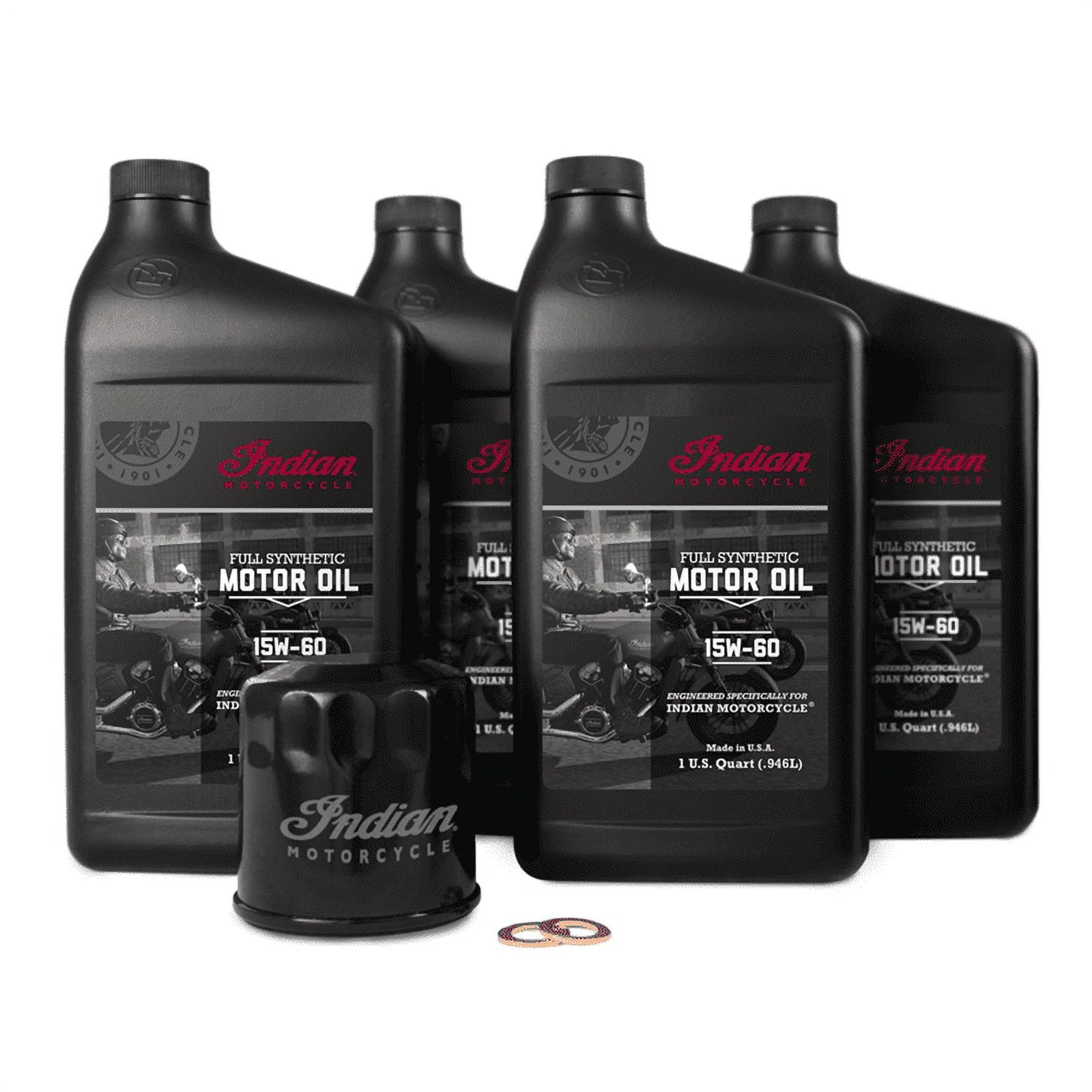Indian Motorcycle Scout Oil Change Kit with Full Synthetic 15W-60 Motor Oil, 4 Quarts, 2 Washers