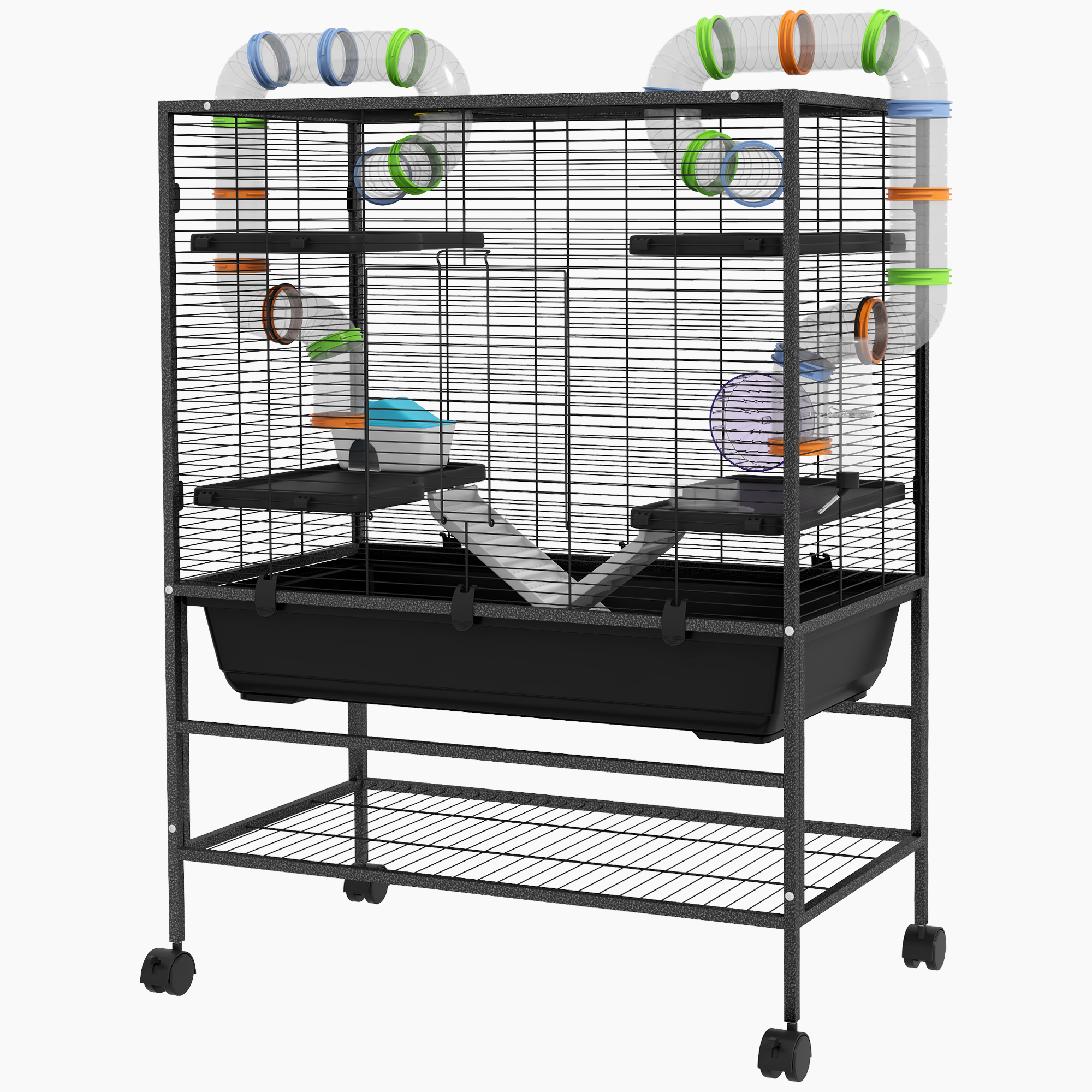 Hamsterkooi met Buizen, Looprad, Huisje, Waterdispenser, 109 x 82 x 46 cm, Zwart