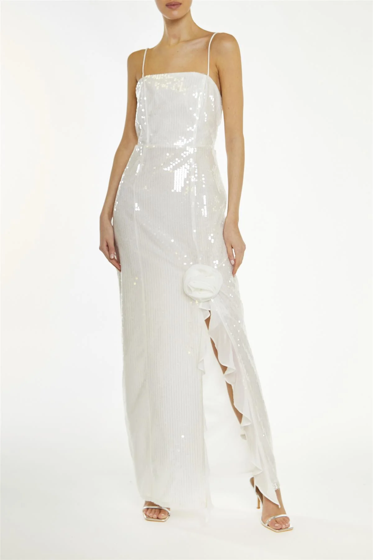 Crystal White Translucent-Sequin Ruffle-Split Maxi-Dress