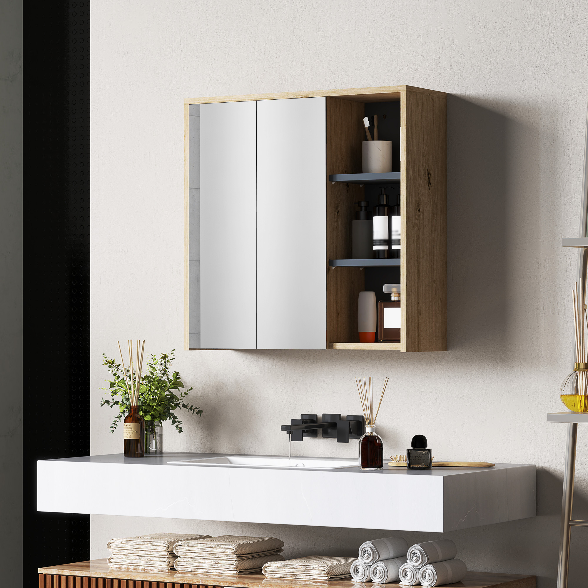 HOMCOM Badezimmerschrank mit Spiegel Badezimmerspiegelschrank Wandmontage 3 offene Regale 60 x 20 x 60 cm Naturholz