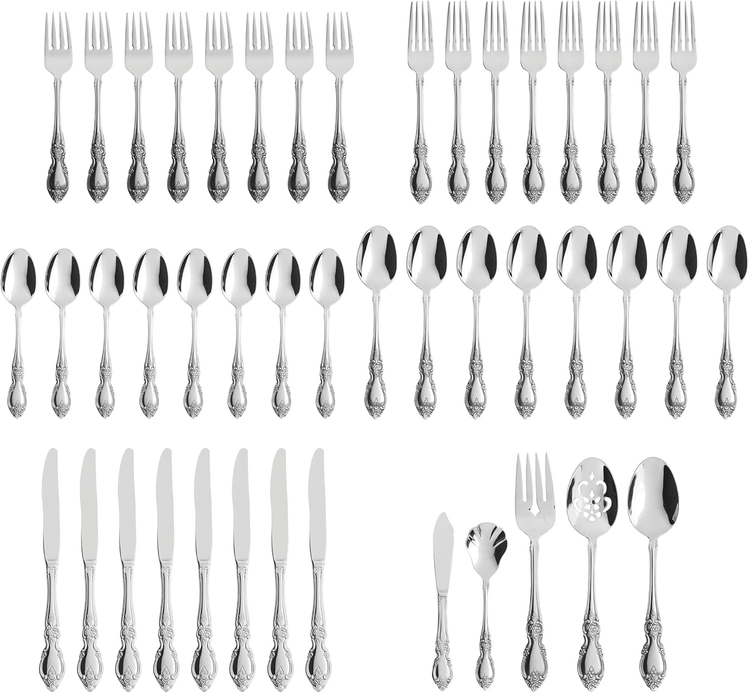 Oneida Silverware Set For 8 with Serving Utensils, Louisiana 45-Piece Fine Flatware Set, Service For 8, 18/8 Stainless Steel, Mirror, Knives Spoons Forks Serving Spoons,Dishwasher Safe(Silver 45 Piece