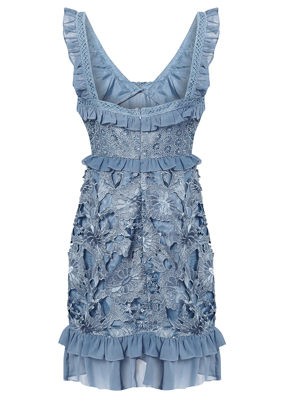 April Dusty Blue Lace Ruffle Mini Dress