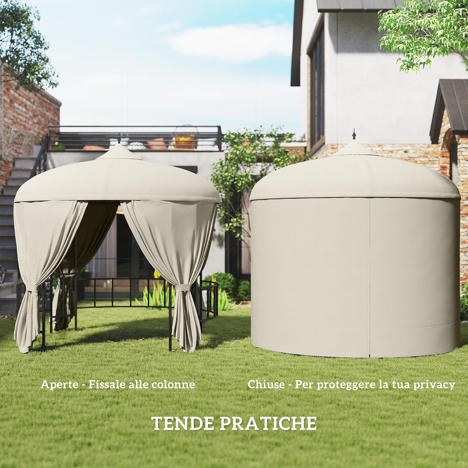 Outsunny Round Garden Gazebo Diameter 3 m, Outdoor Gazebo with Curtains and Air Vents in Metal and Polyester, Beige