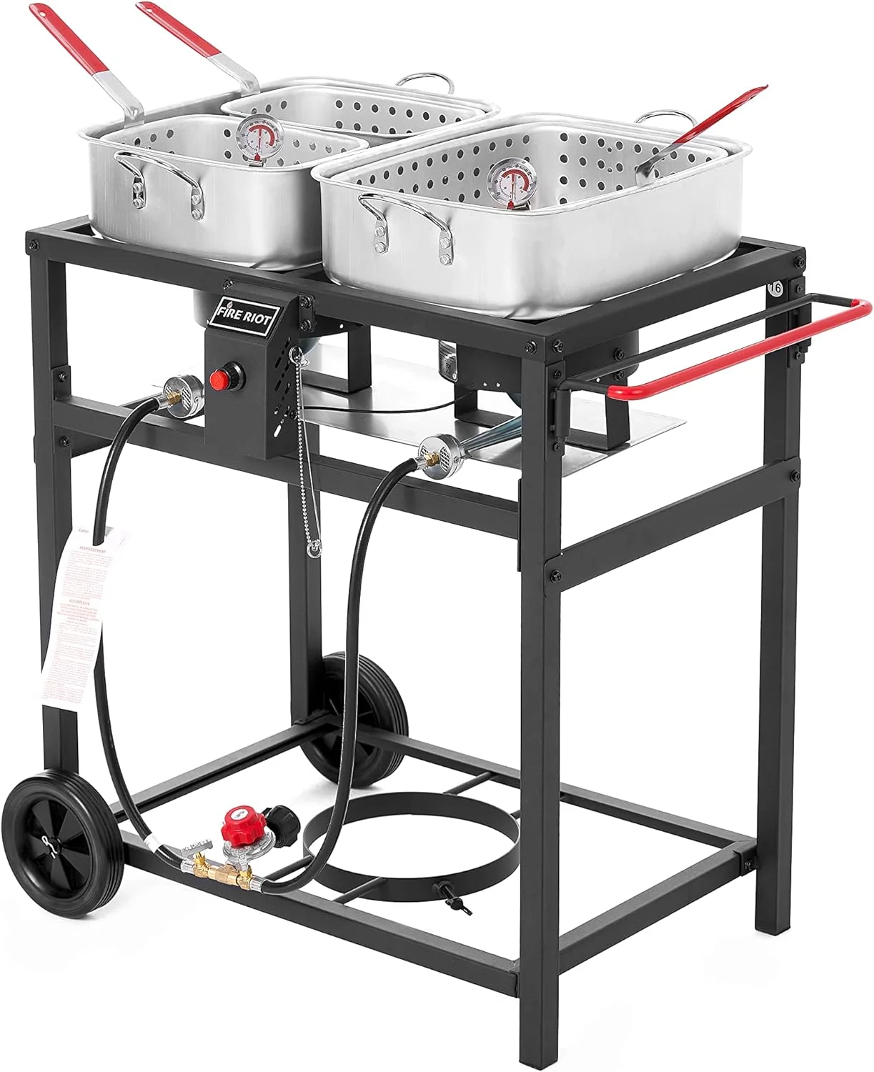 Carrello per friggitrice a doppio bruciatore a propano per esterni, 2 pentole in alluminio da 18 QT e cestelli per friggere, ideale per fritture di pesce, alette di pollo, patatine fritte, patatine fritte Cajun