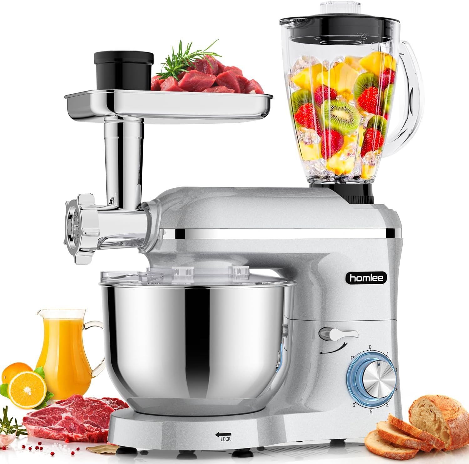 5 In 1 Impastatrice Planetaria,2000W–Con Tritacarne,1.5L Per Succhi,Tagliaverure,Set Per Salsicce,con Ciotola 5.5L,Frusta,Gancio Impastare,Mescolatore Robot Da Cucina Multifunzione