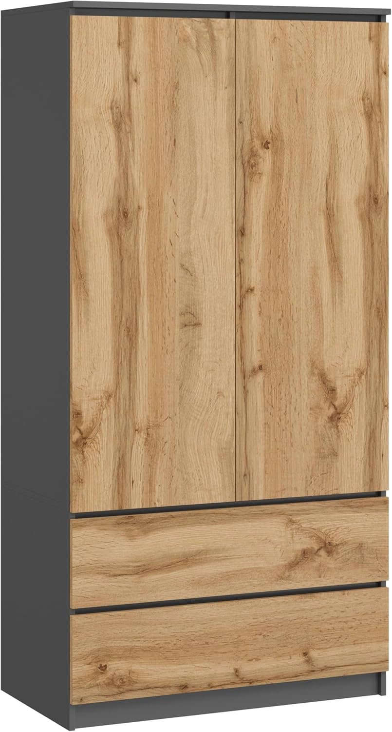 Large Wardrobe with 2 Doors, 2 Drawers, 4 Shelves & Clothes Hanger, Multi-Purpose Wardrobe, 180 x 90 x 50.5 cm (Graphite/Wotan Oak)