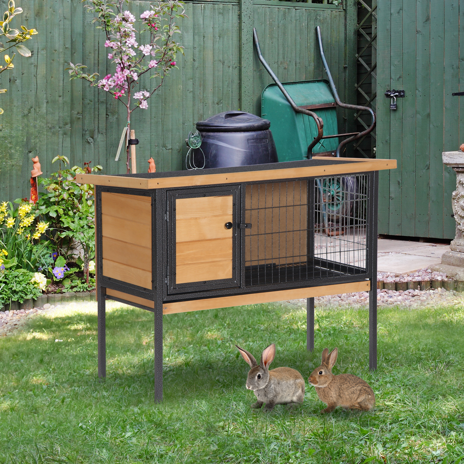 PawHut Hasenstall aus Holz auf Beinen, Nagetierkäfig, Meerschweinchen mit offenem Dach - Abmessungen 91,5L x 45B x 70H cm
