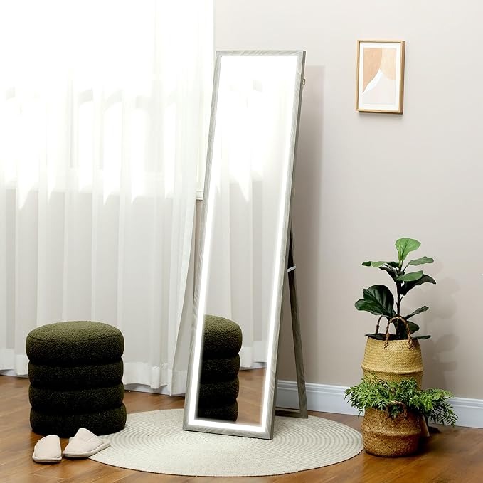 HOMCOM Specchio da Parete 40x160 cm con Luci LED a 3 Colore Regolabili, Specchio da Terra con Cornice in MDF per Soggiorno e Camera da Letto, Grigio