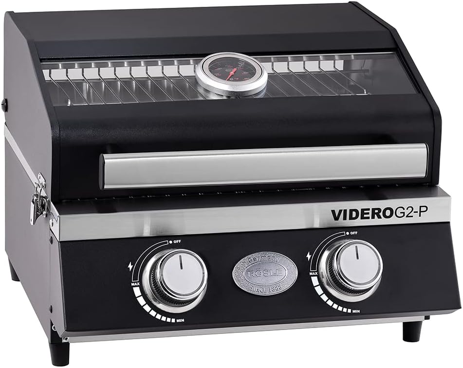 RÖSLE Gasgrill BBQ-Portable VIDERO G2-P, tragbarer Tischgrill mit 2 Edelstahlbrennern, Warmhalterost und Deckel mit Glaseinsatz sowie Deckelthermometer, pulverbeschichteter Stahl, 50 mbar, schwarz