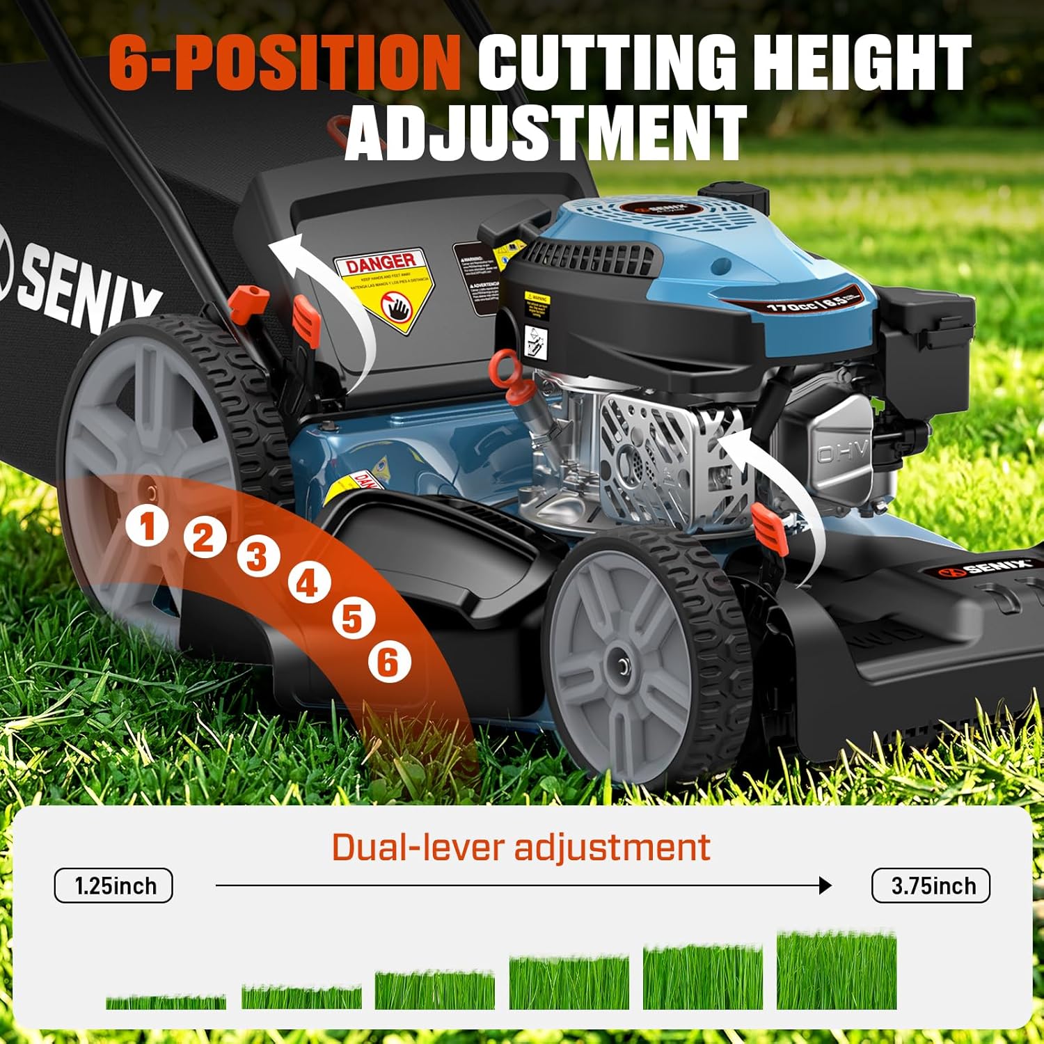 SENIX 21'' Self-Propelled Gas Lawn Mower (FWD)  170 cc 4-Cycle Engine 3.8 HP  3-in-1 (Bagging/Mulching/Side Discharge)  6-Position Cutting Height Adjustment  1.7 Bushels Grass Bag