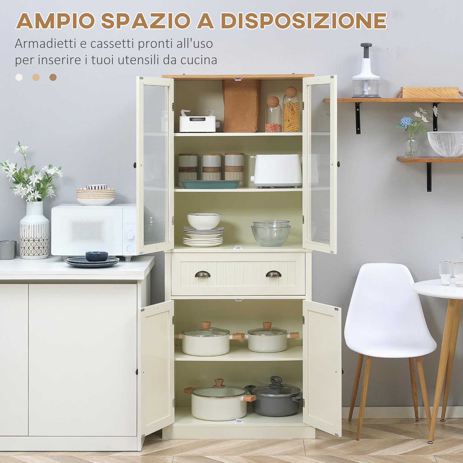 HOMCOM Mobile Dispensa a 5 Livelli con Cassetto Centrale, Dispensa per Cucina, Sala da Pranzo e Soggiorno con Ripiani Regolabili e Ante in Vetro Temperato, 76x40x182.5 cm, Bianco Crema