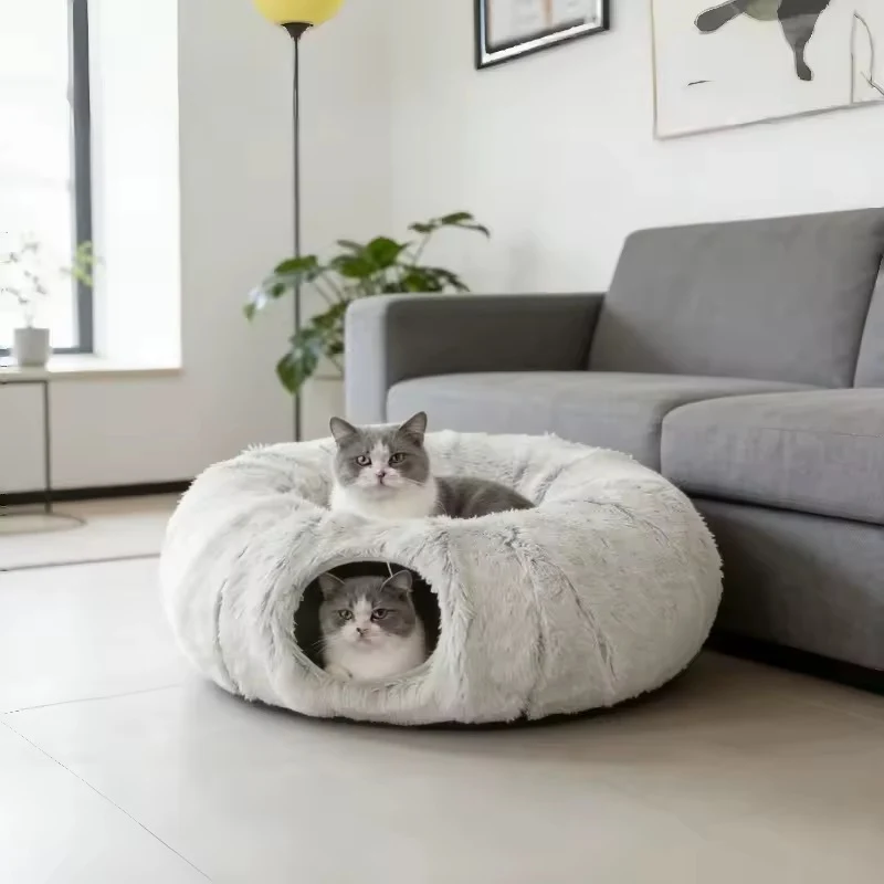 Plush Cat Tunnel Bed �C Dual Purpose with Peephole & Machine Washable Cushion