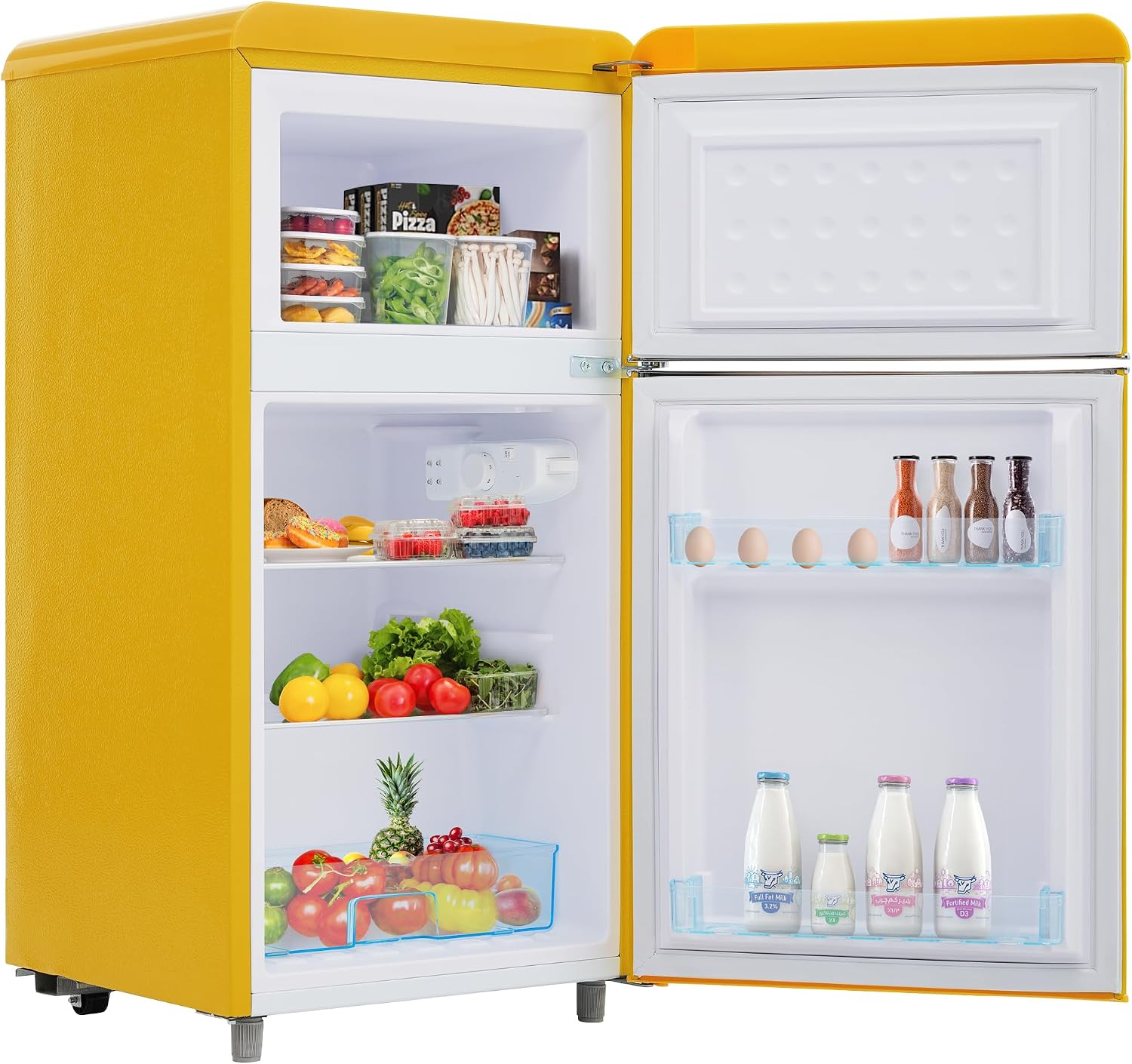 Ymkua Frigorifero Piccolo, Frigorifero Combinato 72 L (21+51), 45x46x91 cm Frigo Da Camera, Mini Frigo Bar con LED luce e Ripiani Rimovibili, Freezer Separato Doppia Porta, 120 kWh/anno (Yellow)