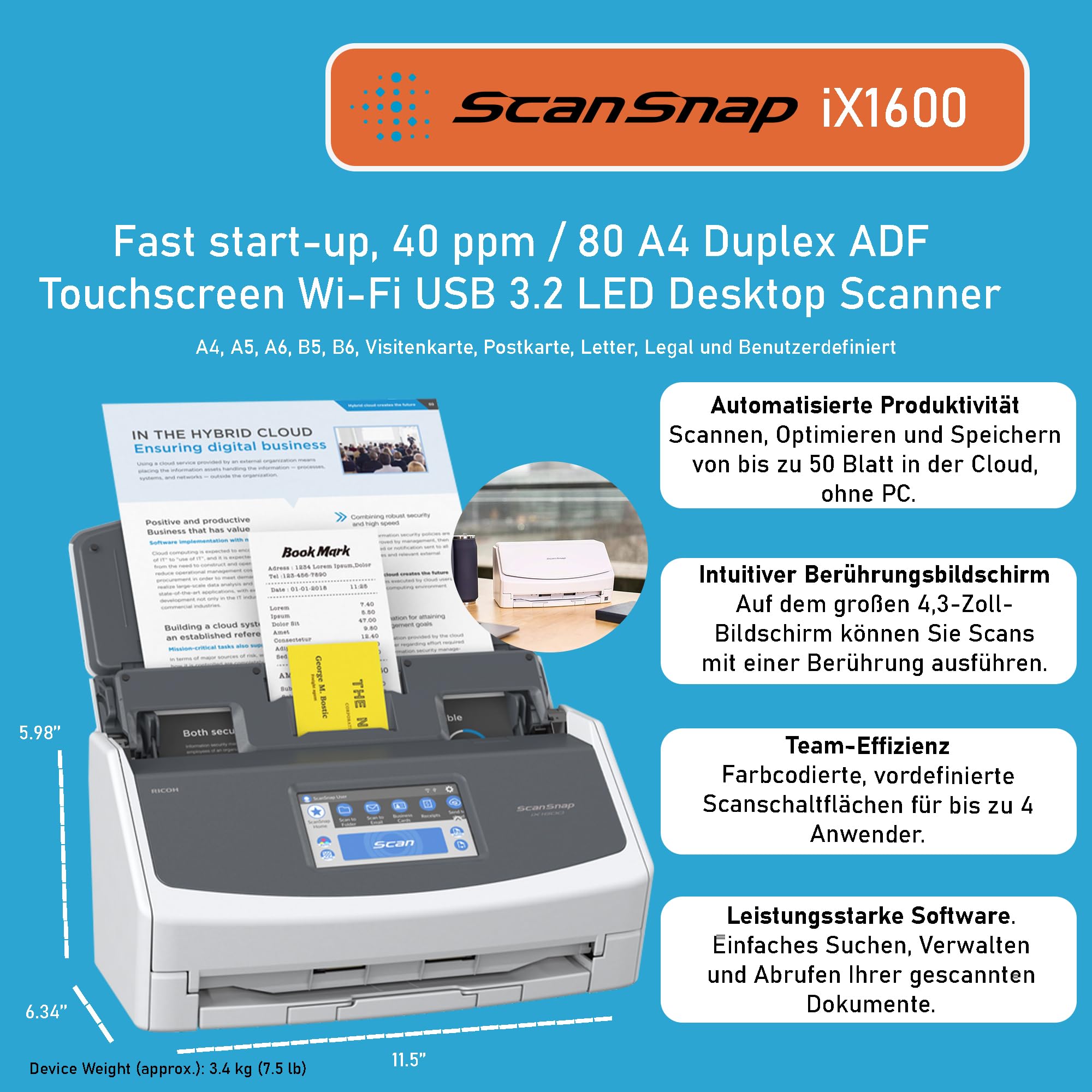 iX1600 ScanSnap Scanner weiß A4 A5 A6 B5 B6 Visitenkarte Postkarte Letter Legal Duplex WLAN USB3.2 ADF 40 ppm