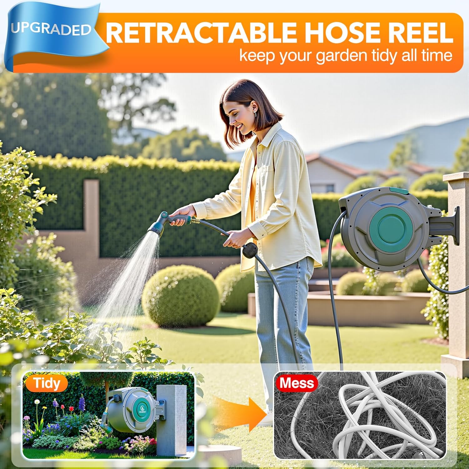 100 ft x 5/8" Retractable Garden Hose Reel  Heavy Duty Water Hose Reel Wall Mounted  Any Length Lock  180��Swivel  Water Hose with 10-Function Nozzle for Cleaning  Watering (Green)