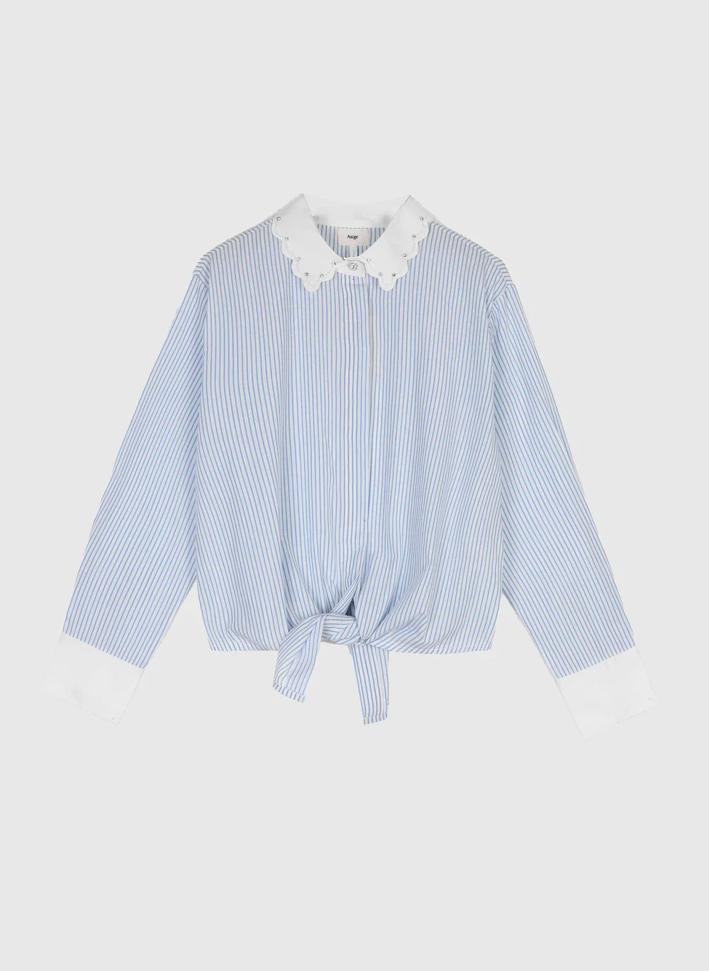 Blue & White Stripe Cotton Shirt with Jewel Embroidery by An'ge