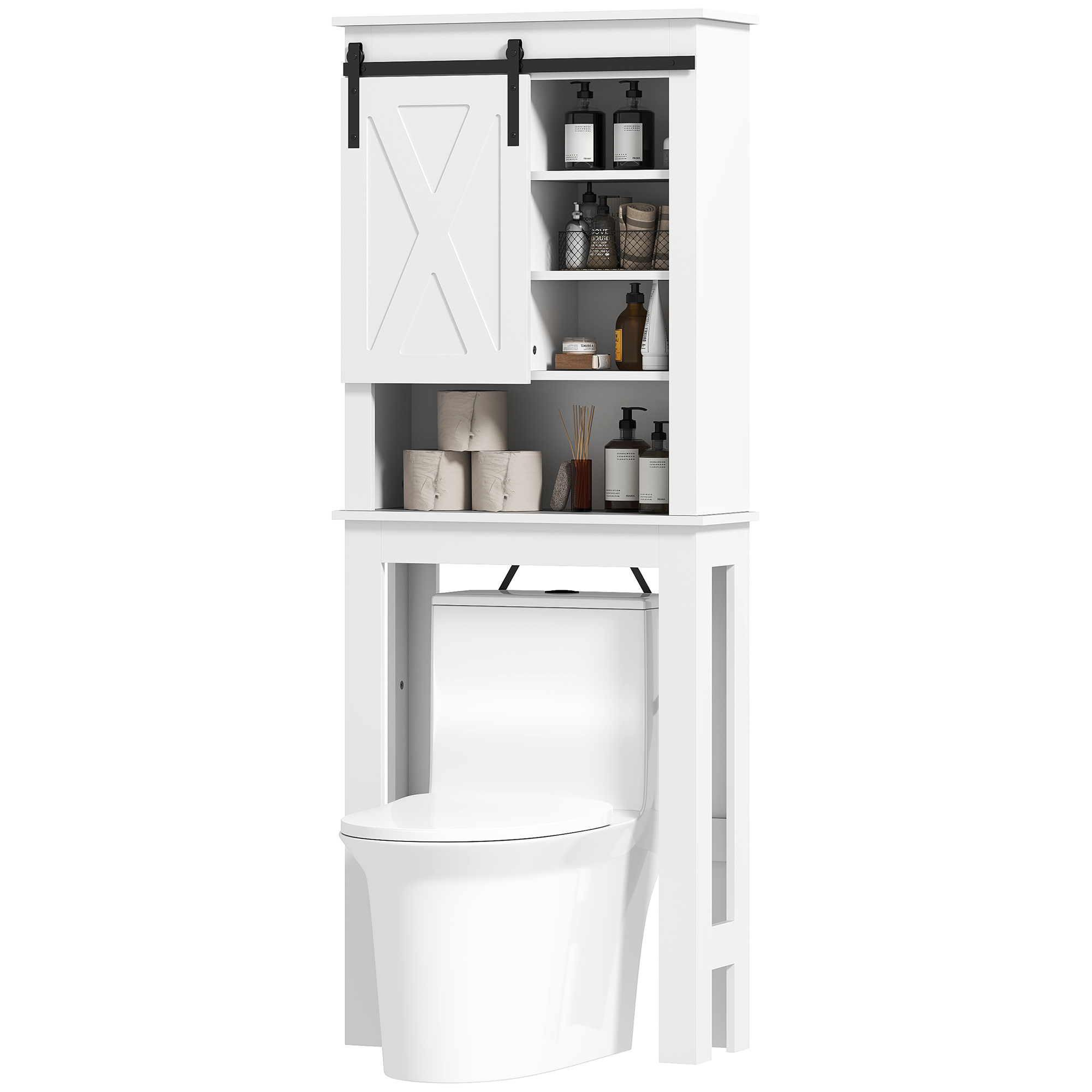 HOMCOM WC-Überkopfschrank mit Schiebetür, 6 Aufbewahrungsfächern, Weiß
