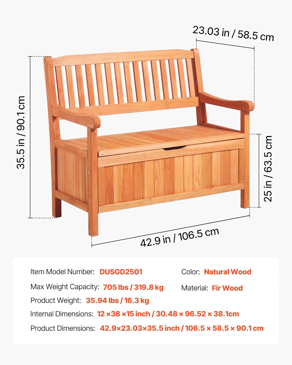 VEVOR Gartenbank, Truhenbank mit Stauraum, Aufbewahrungsbank, Tragkraft bis zu 328 kg, Gartensitzgelegenheit & Veranda-Dekoration, für Terrasse, Garten, Balkon, 106,5x58,5x90,1 cm
