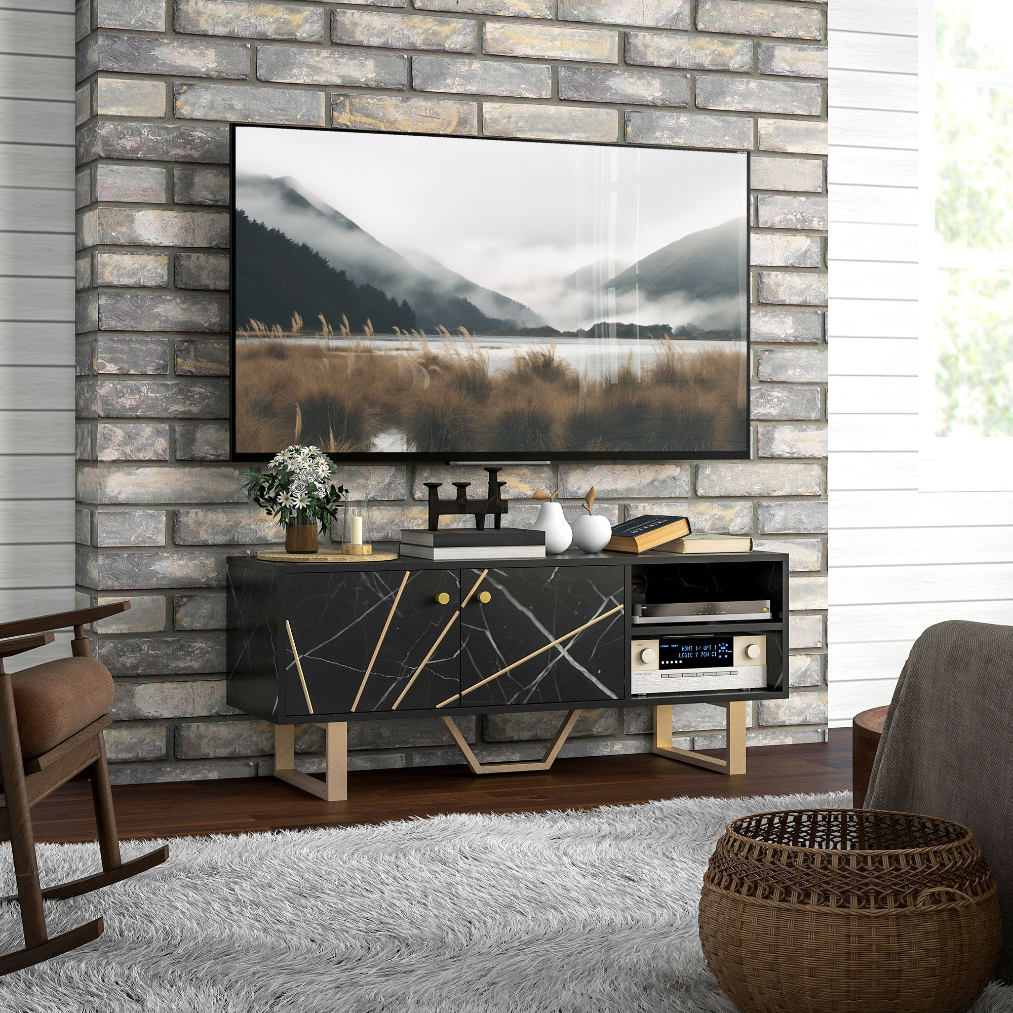 HOMCOM TV-Schrank TV-Ständer für Fernseher bis zu 50 Zoll mit Schrank, verstellbarem Regal und Kabeldurchführungen, schwarz