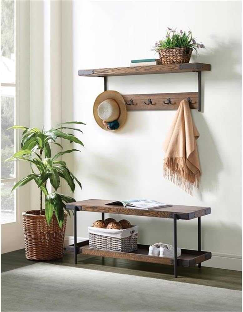 Alaterre Furniture Kyra 42" Oak and Metal Entryway Coat Hook with Shelf and Bench Set - Rustic Industrial Style - Solid Wood Tray Tops - Black Double Hooks - Easy Assembly